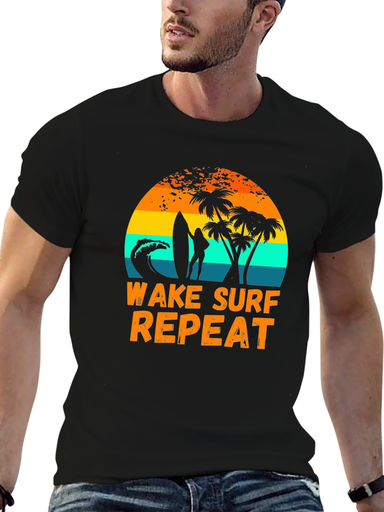 Wake Surf Repeat Graphic Tee - Tropical Beach Vibes