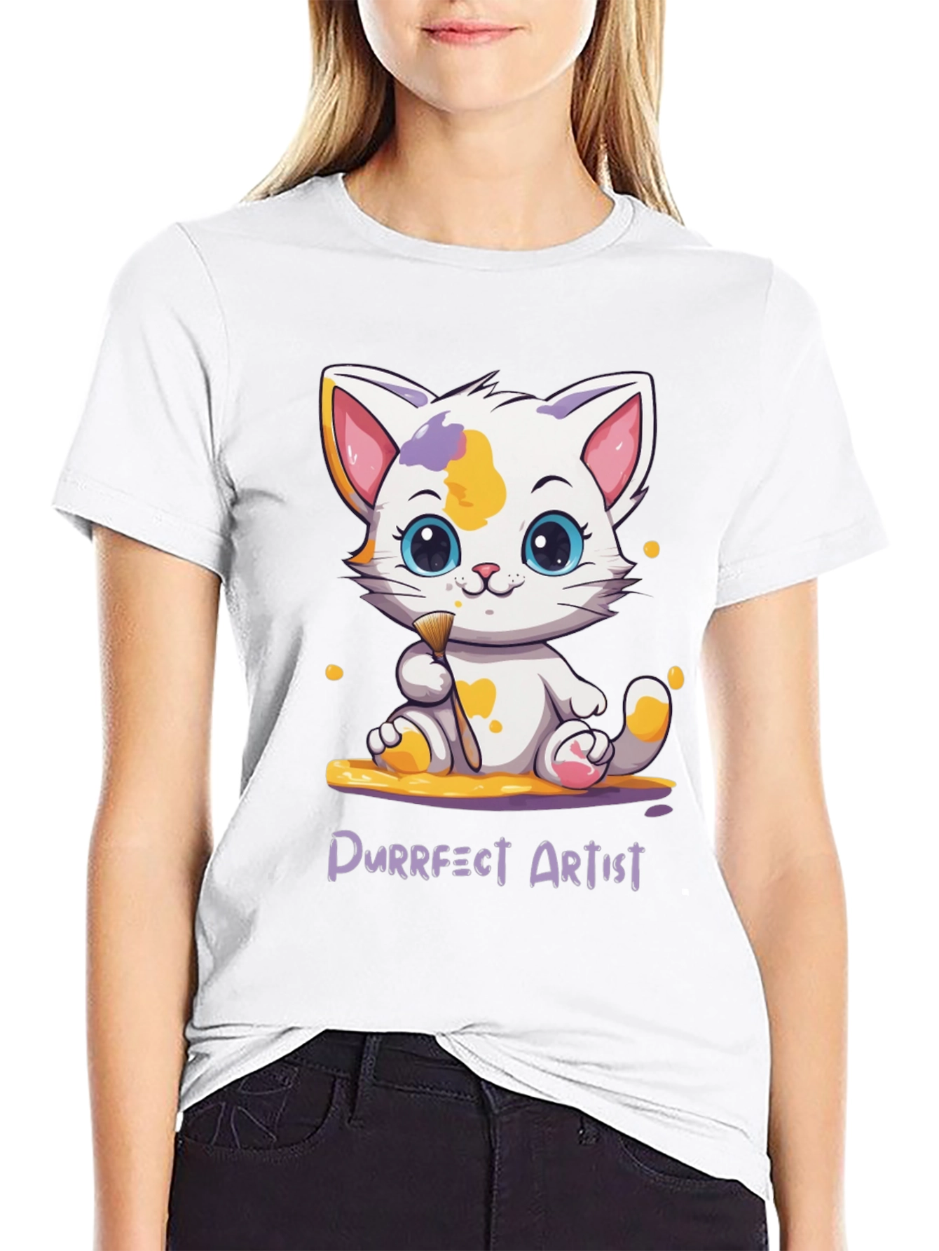 Purrfect Artist Cat T-Shirt - Cute Cartoon Kitten
