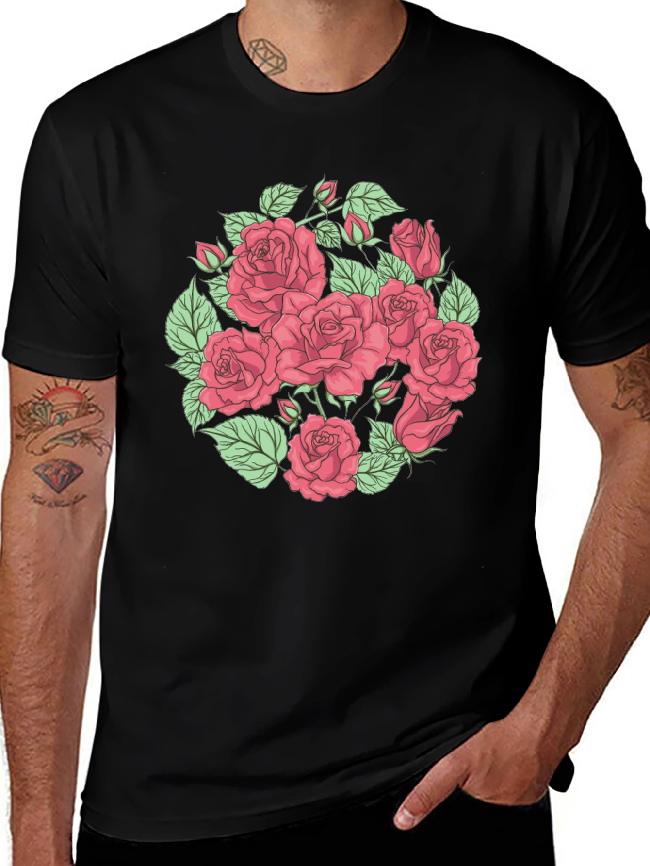 Floral Rose Print Black T-Shirt