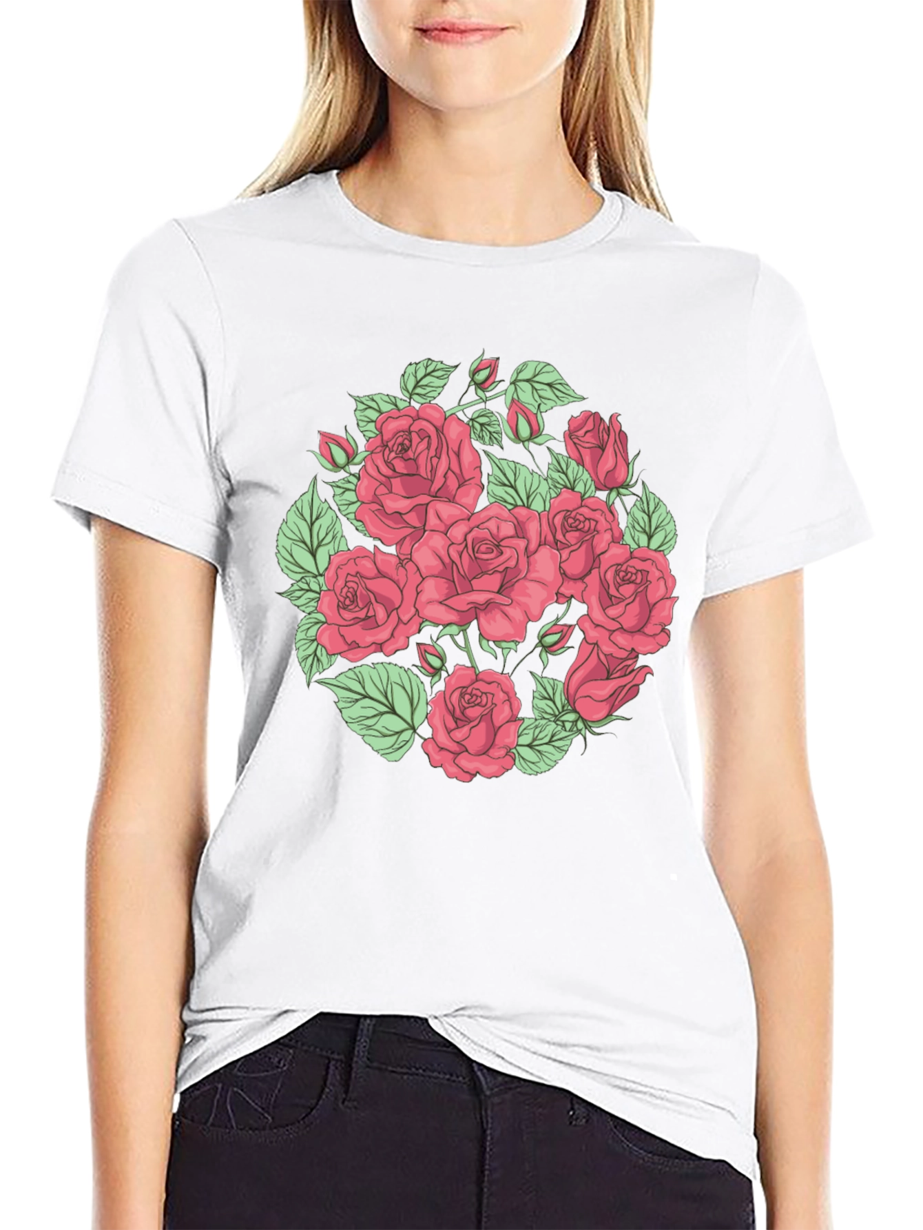 Floral Rose Print Black T-Shirt