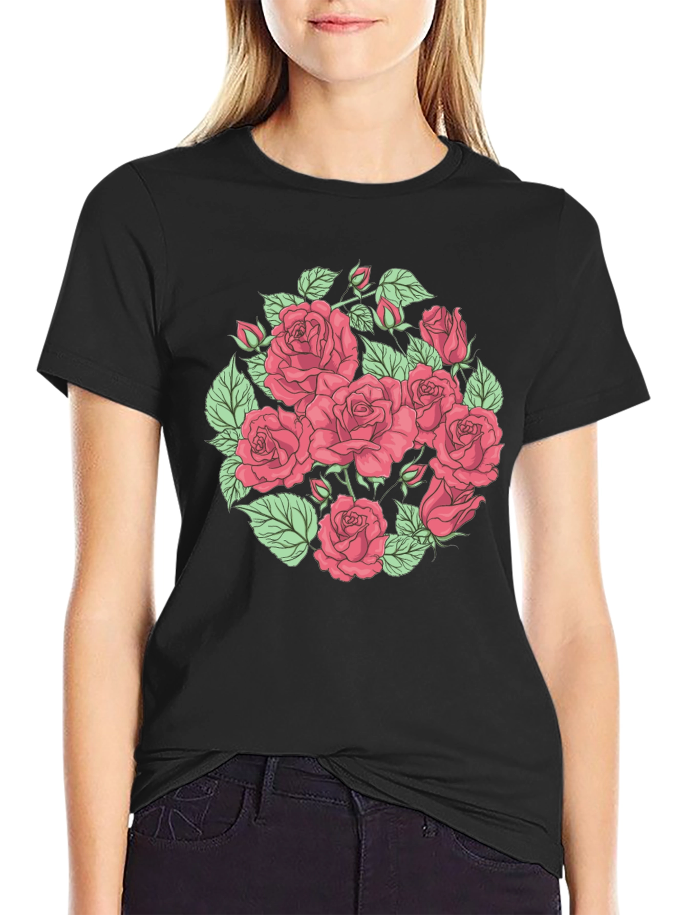 Floral Rose Print Black T-Shirt