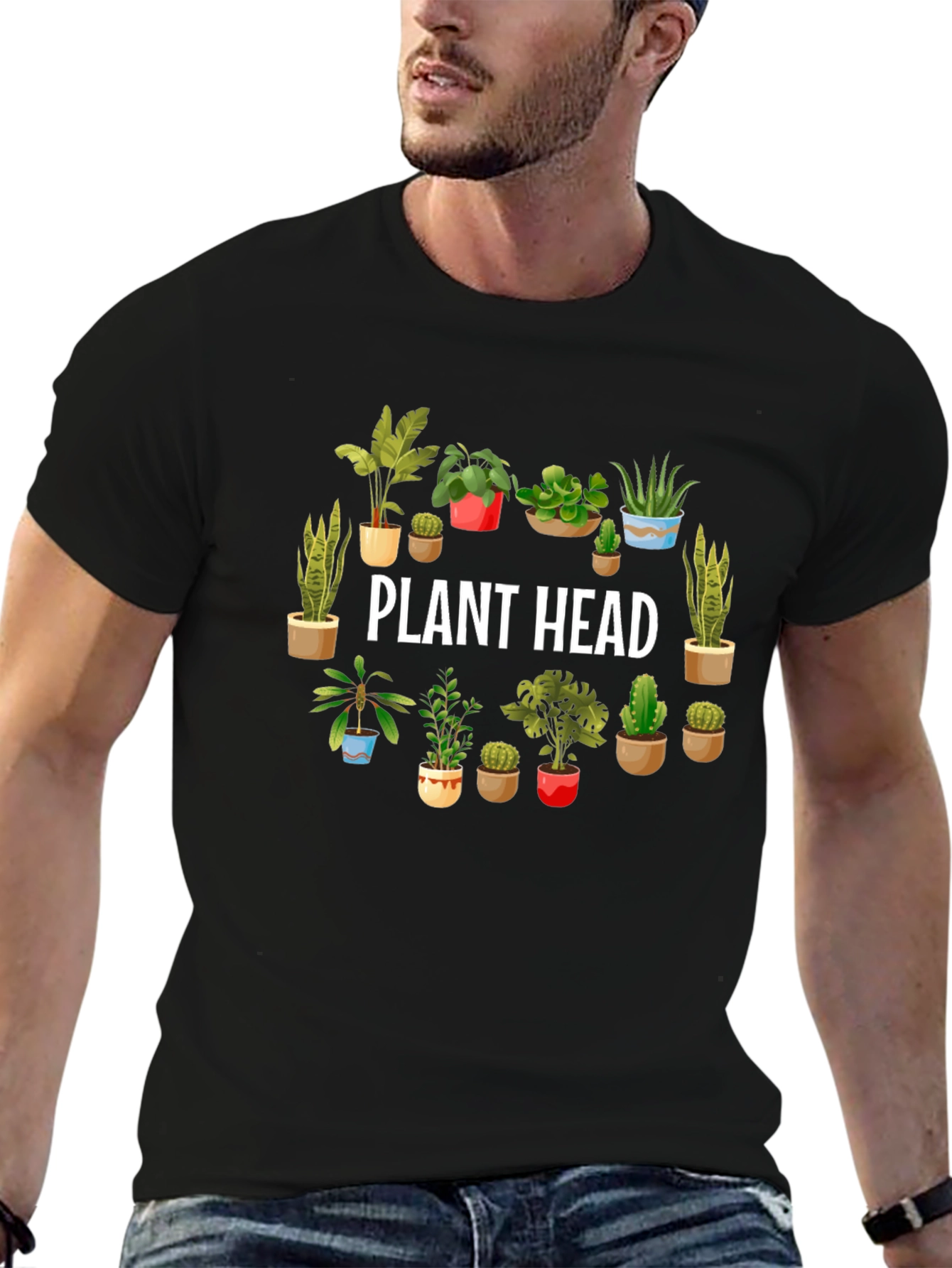 Plant Head Graphic Tee - Black Cotton T-Shirt