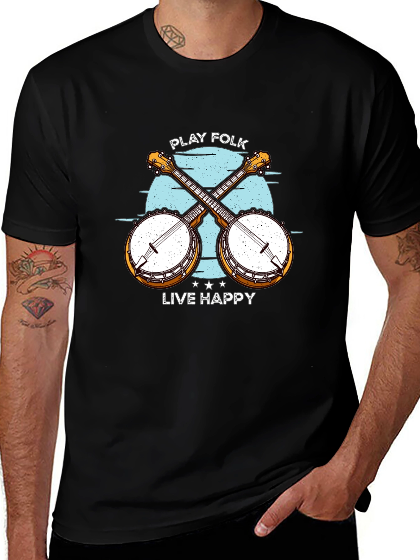 Play Folk Live Happy Banjo Graphic Tee