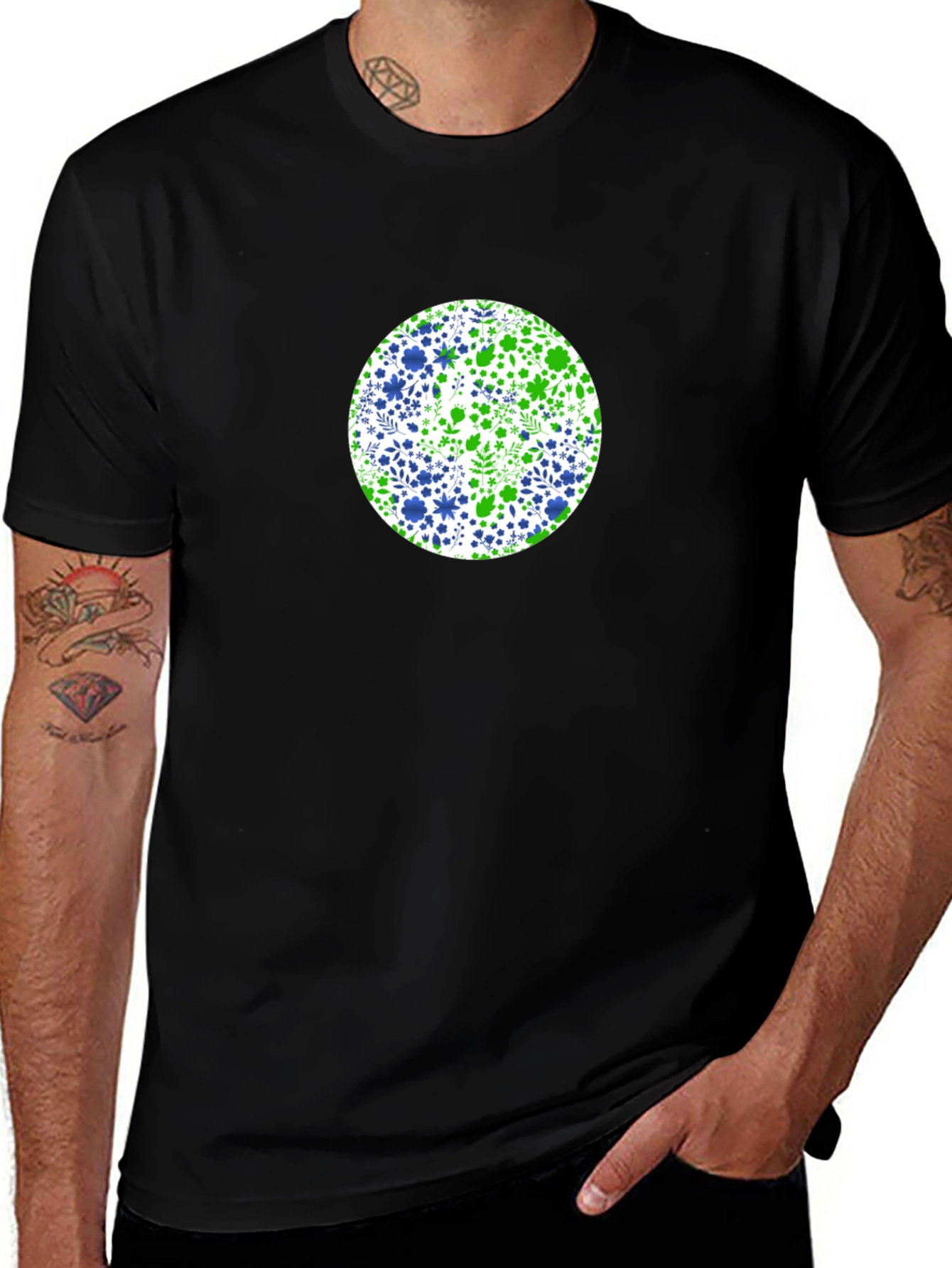 Floral Circle Tee - Green & Blue Design