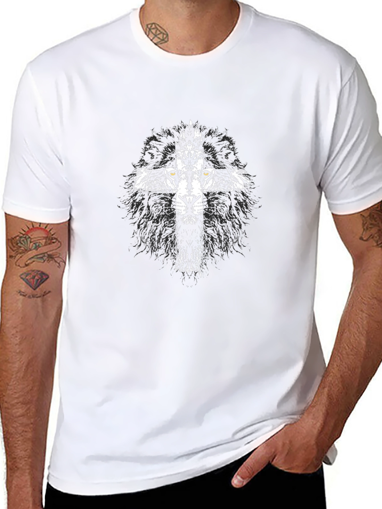 Lion Cross Graphic Print Black T-Shirt