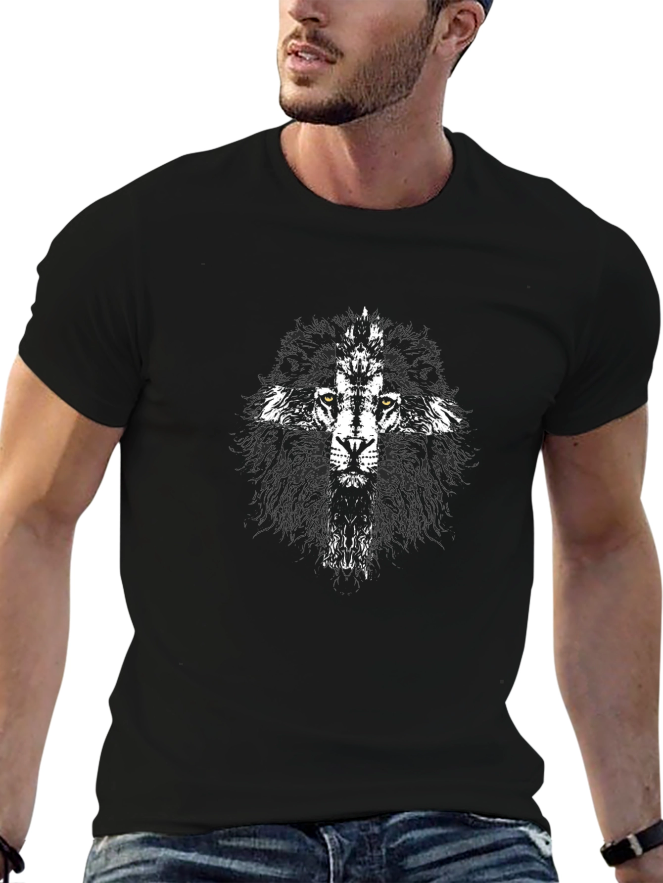 Lion Cross Graphic Print Black T-Shirt