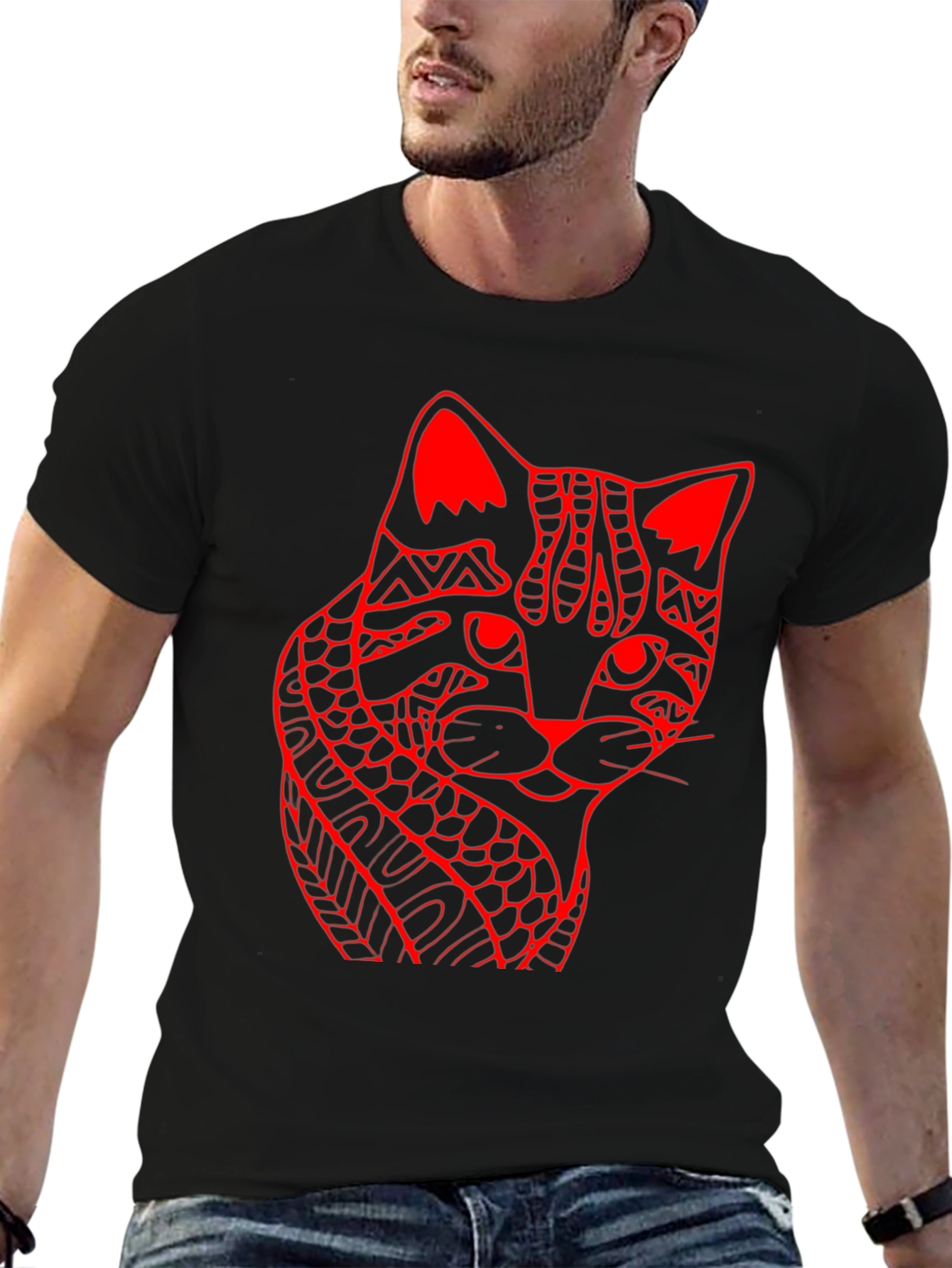 Abstract Cat Print Black T-Shirt