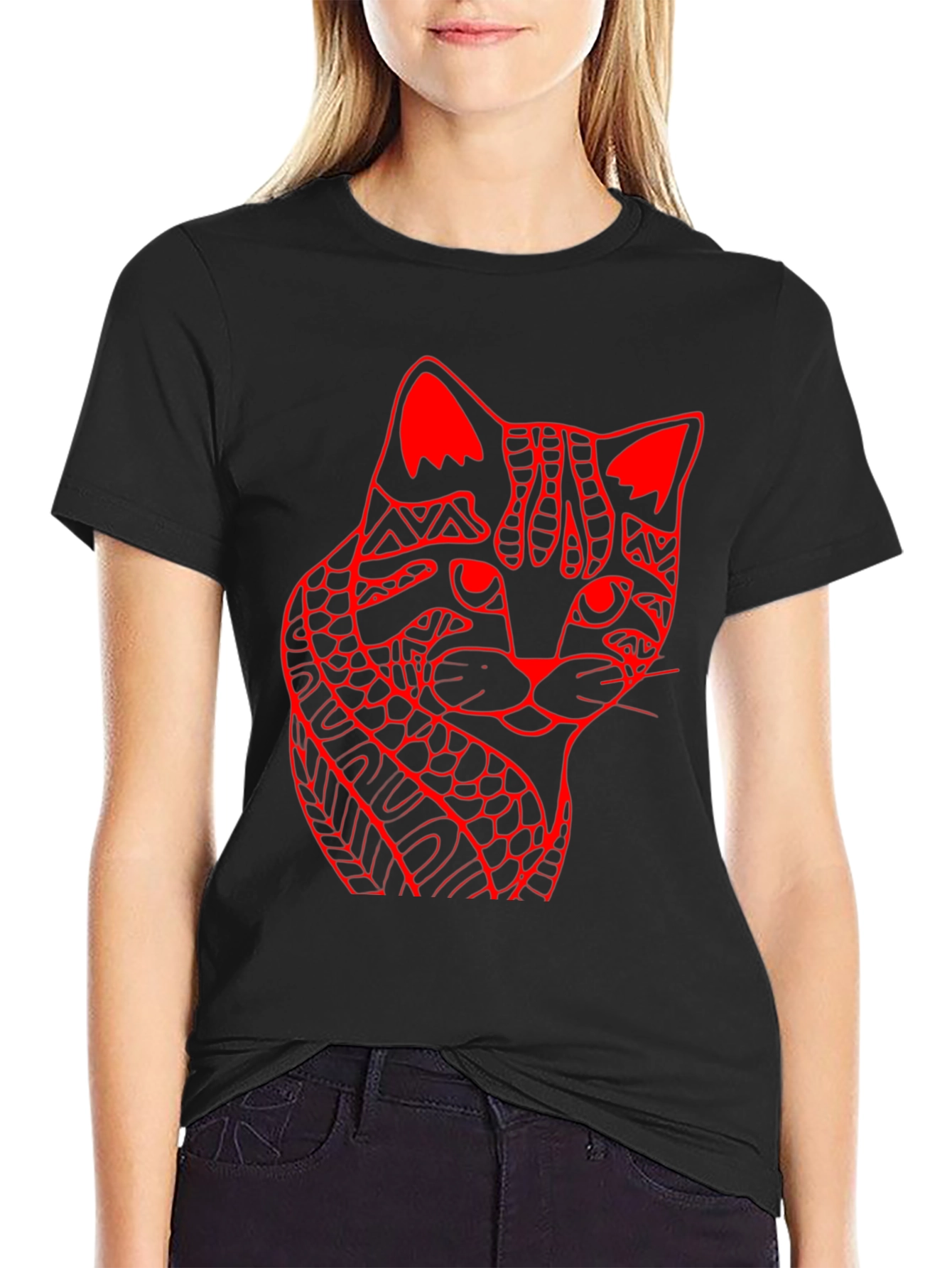 Abstract Cat Print Black T-Shirt