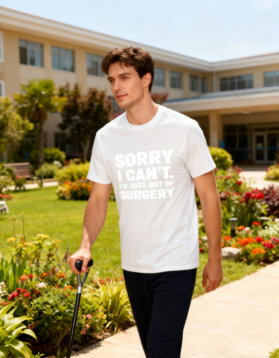 Sorry I Can't. I'm Just Out of Surgery Funny T-Shirt - 100% Cotton, Humorous Tee for Post-Surgery Recovery & Casual Occasions