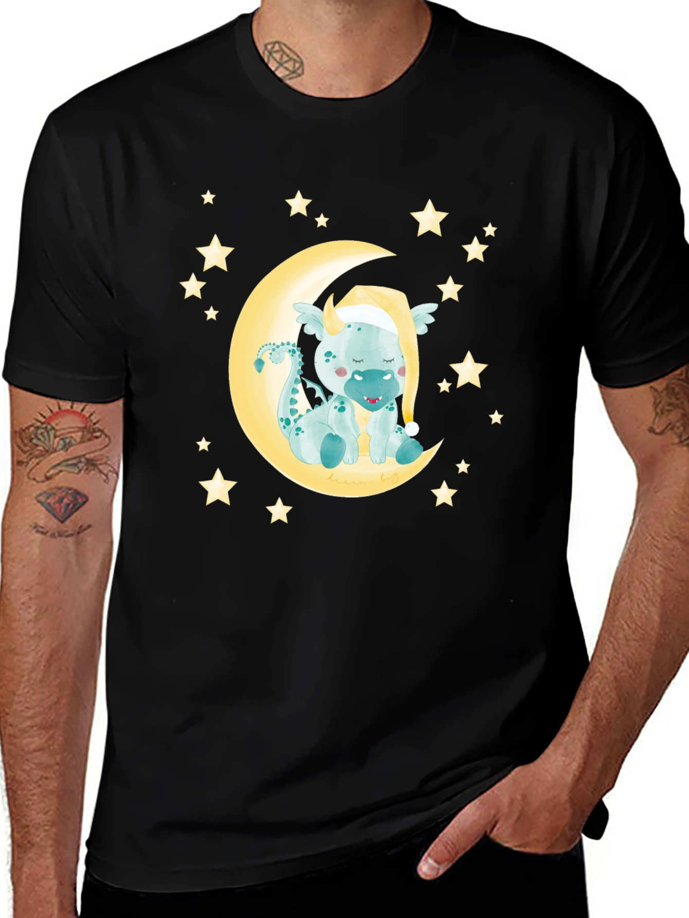 Cute Dragon on Moon Graphic Tee - Black