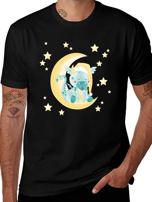 Cute Dragon on Moon Graphic Tee - Black
