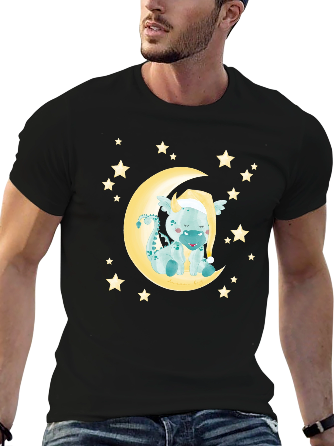 Cute Dragon on Moon Graphic Tee - Black