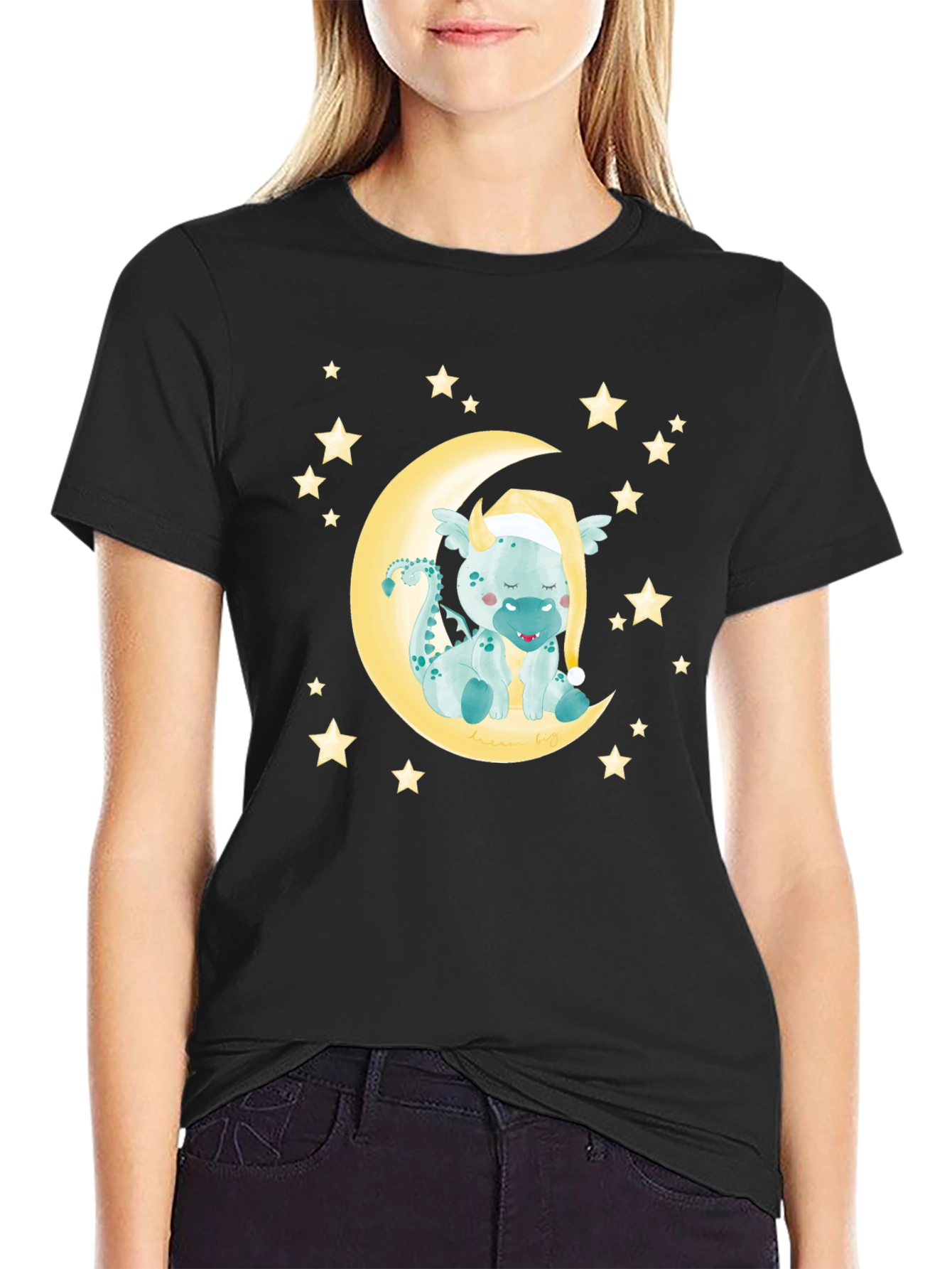 Cute Dragon on Moon Graphic Tee - Black
