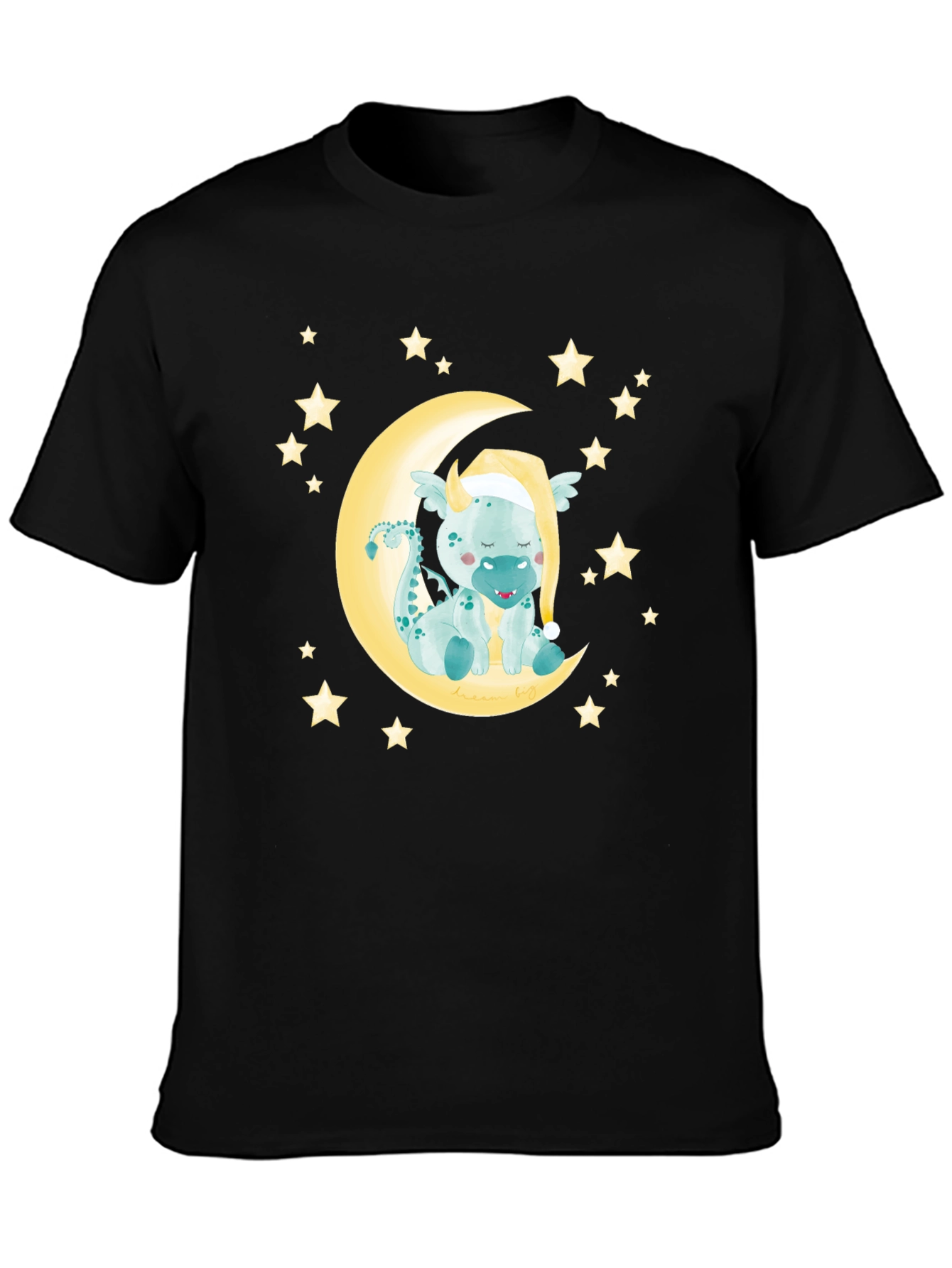 Cute Dragon on Moon Graphic Tee - Black