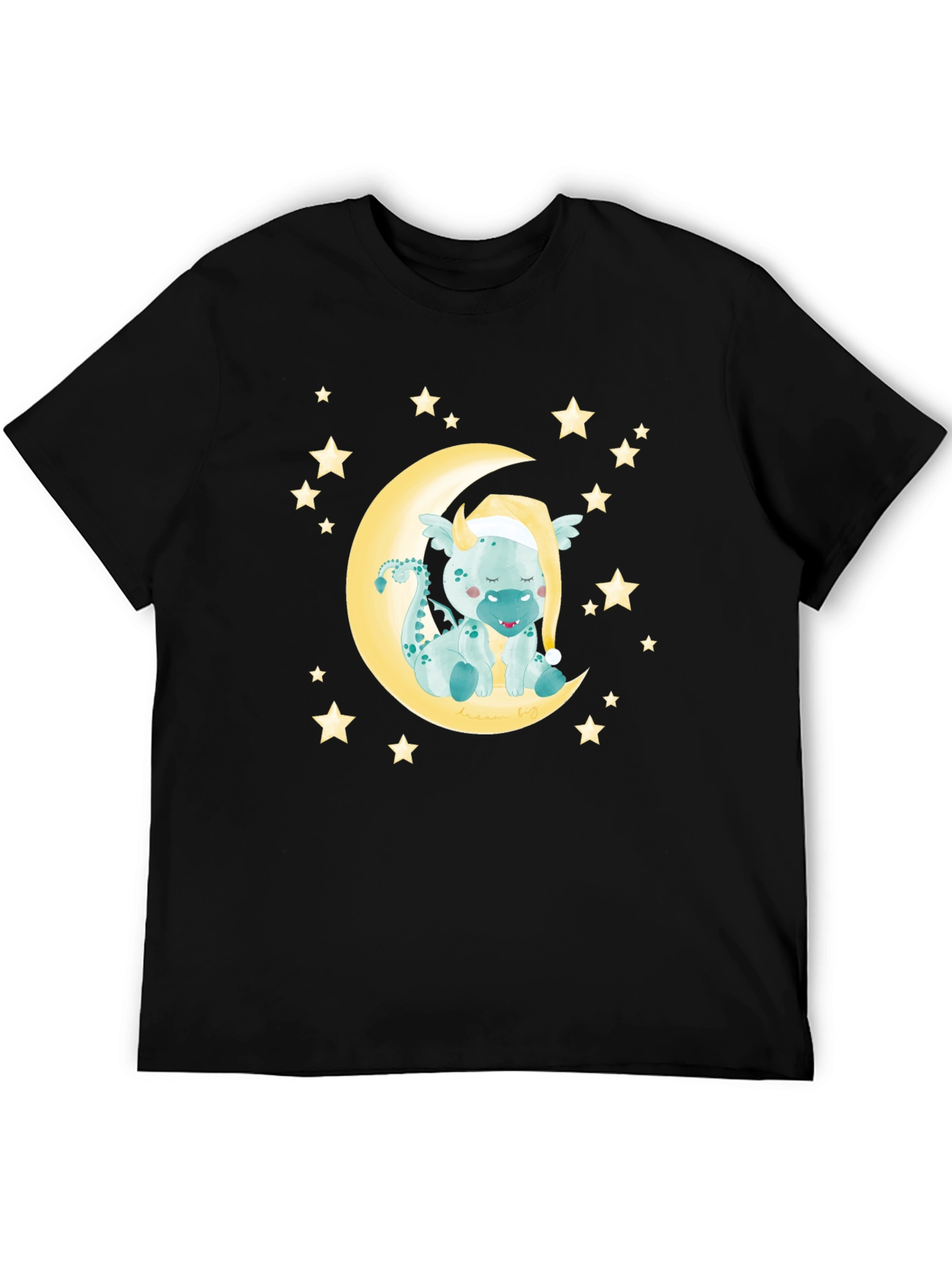 Cute Dragon on Moon Graphic Tee - Black