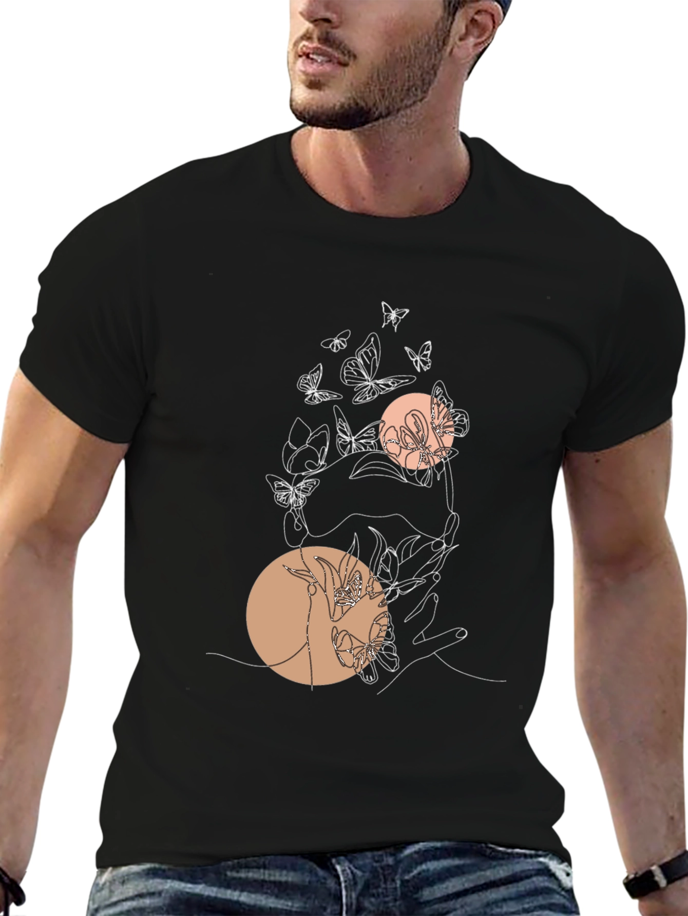 Abstract Butterfly Line Art Graphic Tee - Black