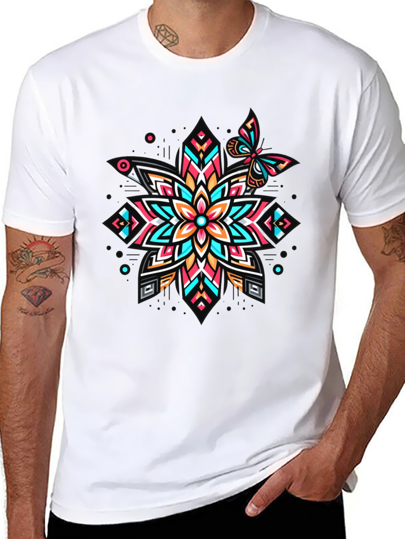 Geometric Floral Butterfly Graphic Tee - Unique Design