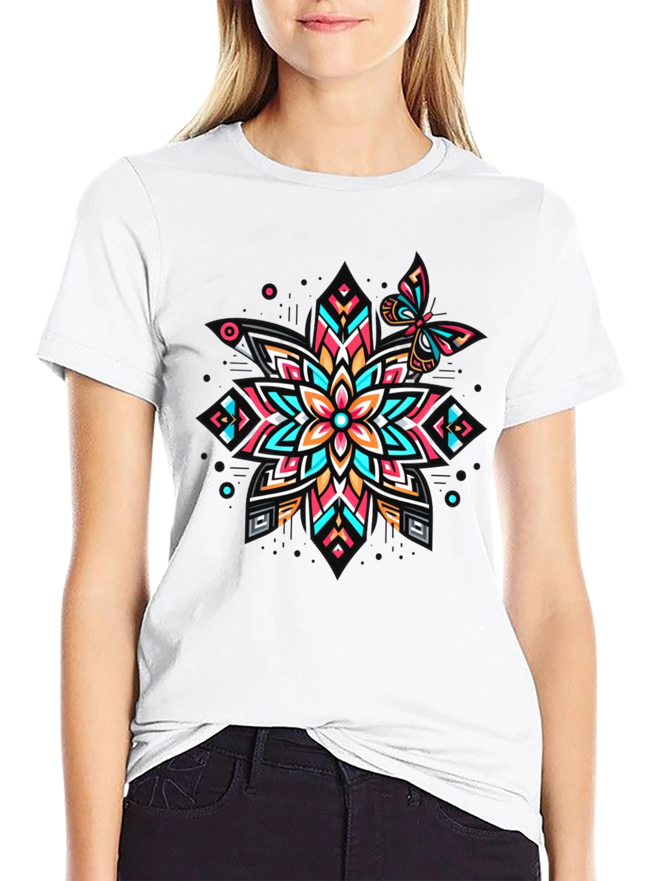 Geometric Floral Butterfly Graphic Tee - Unique Design