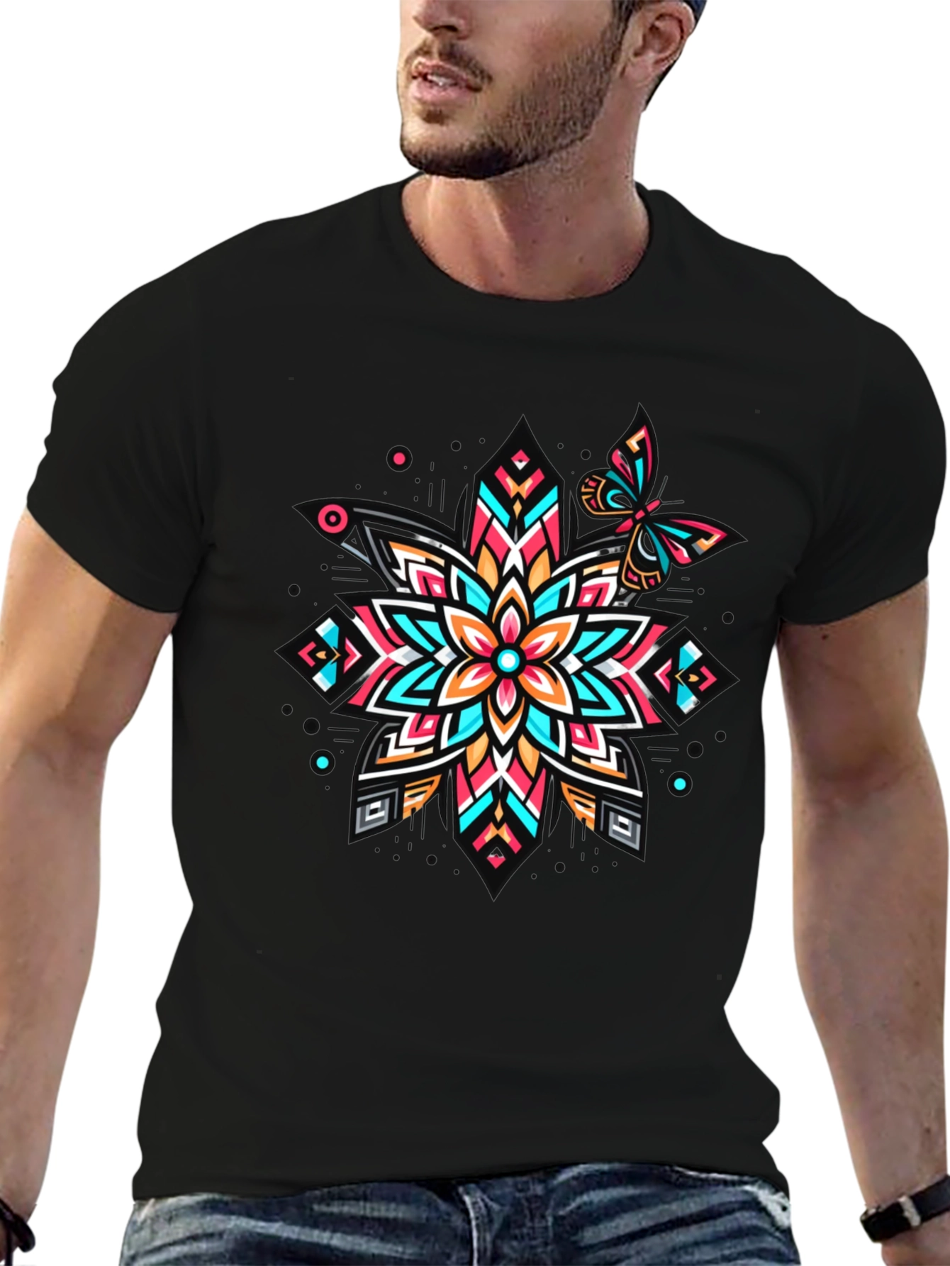 Geometric Floral Butterfly Graphic Tee - Unique Design