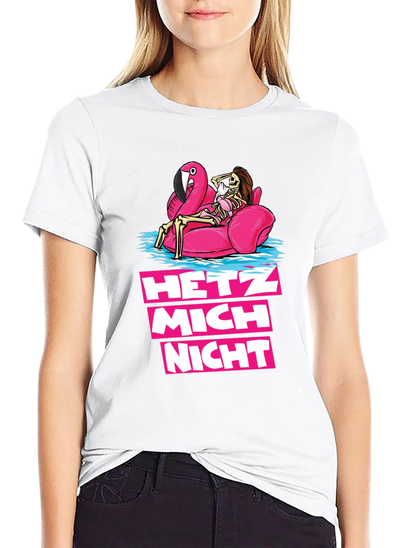 Hetz Mich Nicht Skeleton Flamingo T-Shirt