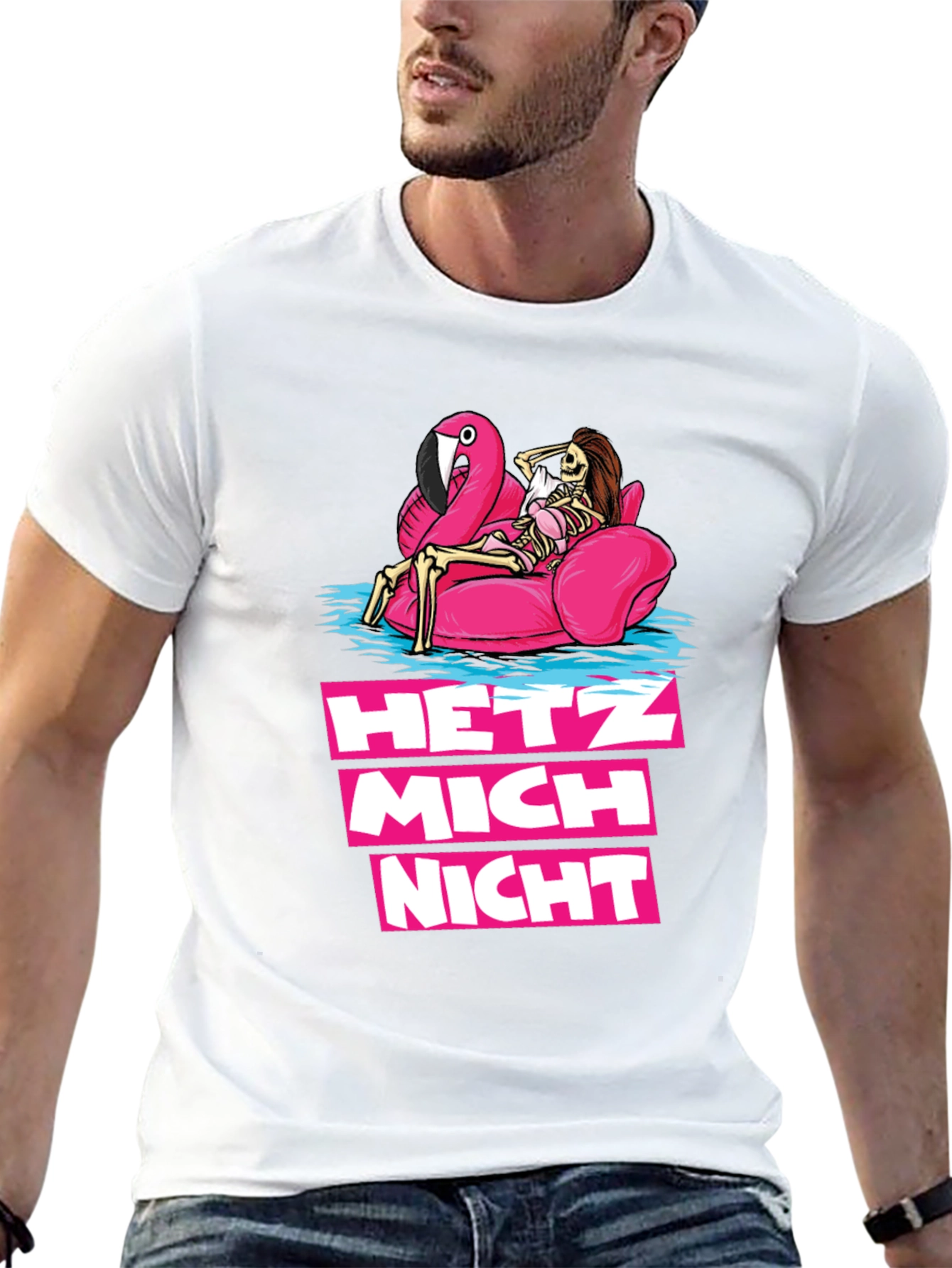 Hetz Mich Nicht Skeleton Flamingo T-Shirt