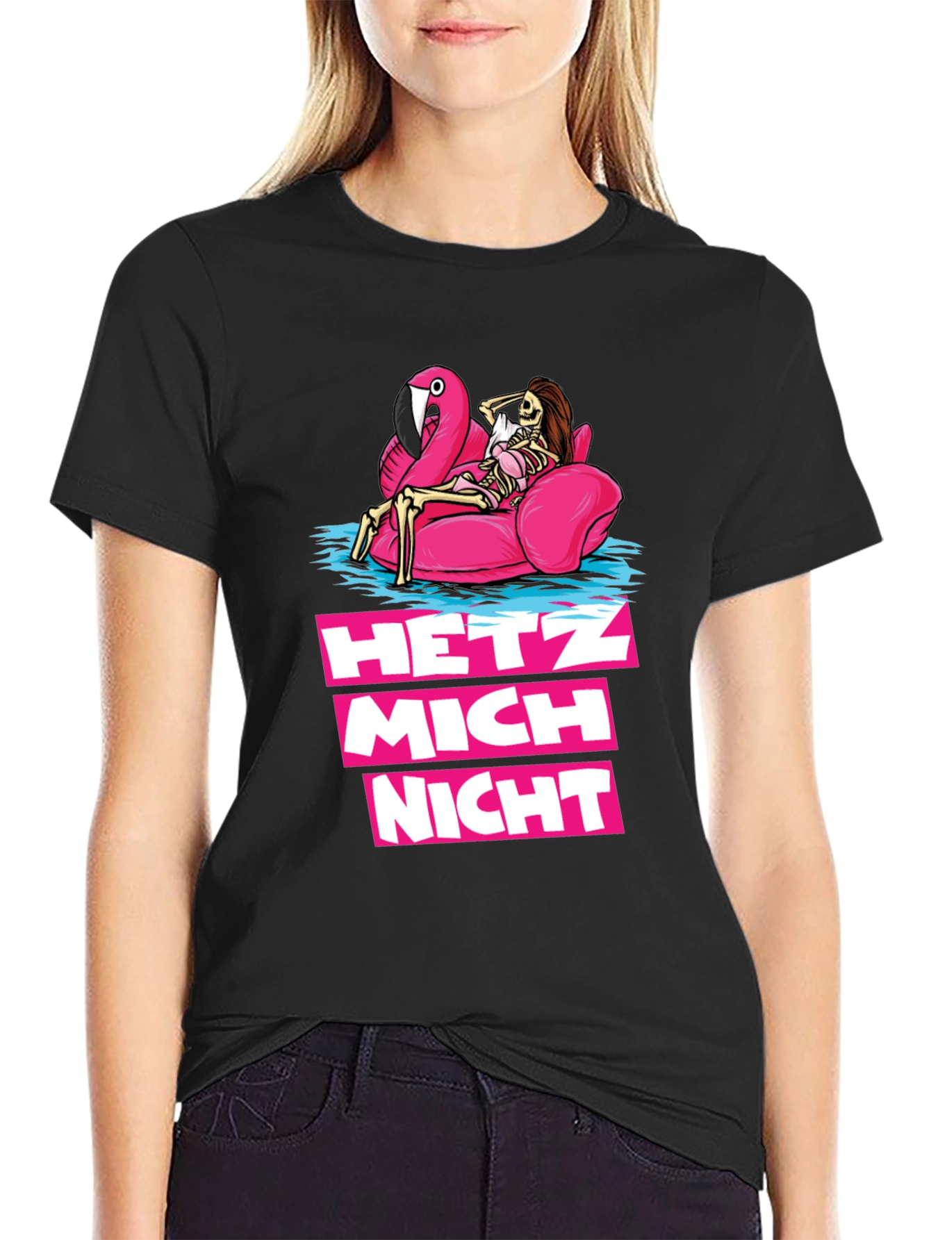 Hetz Mich Nicht Skeleton Flamingo T-Shirt