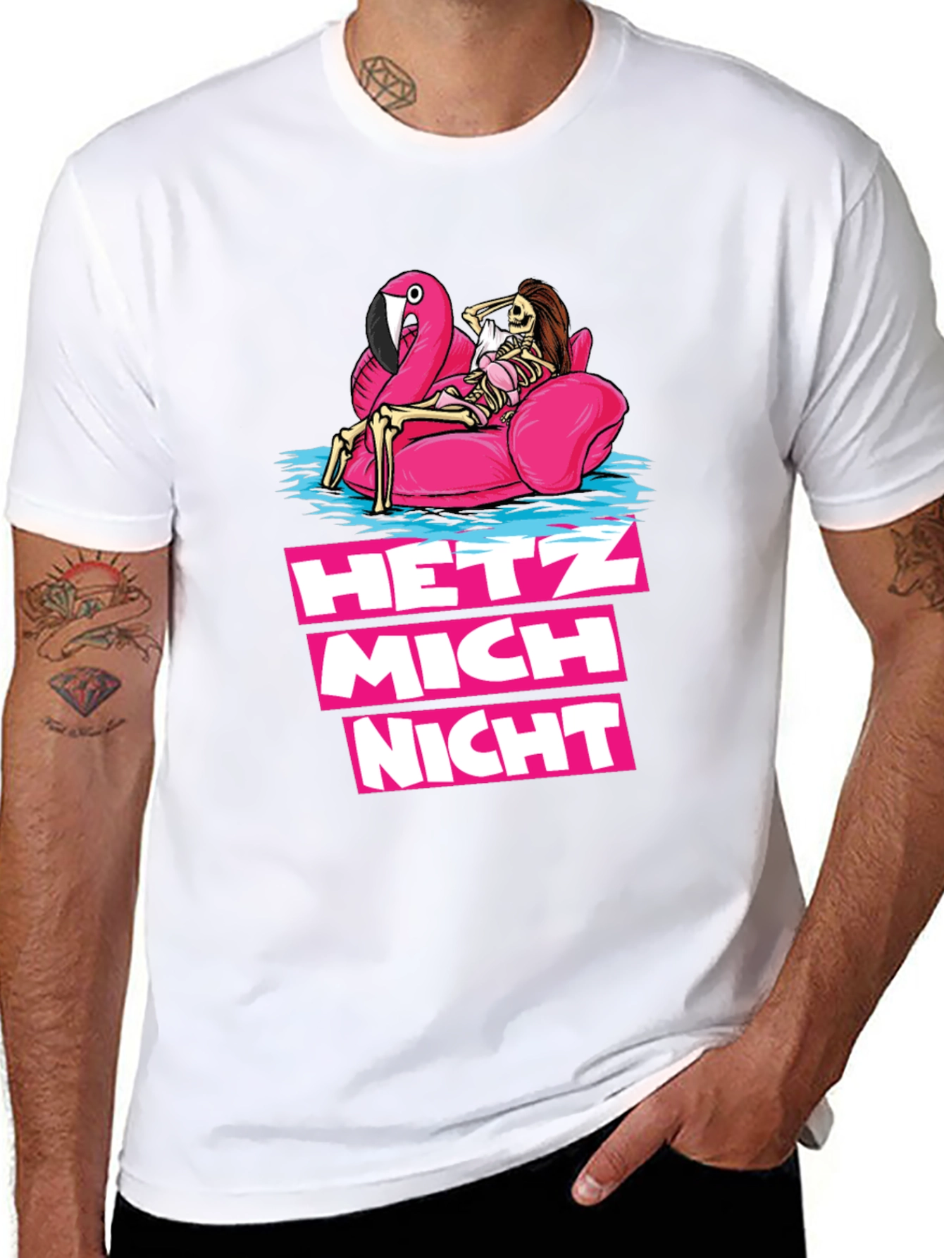 Hetz Mich Nicht Skeleton Flamingo T-Shirt