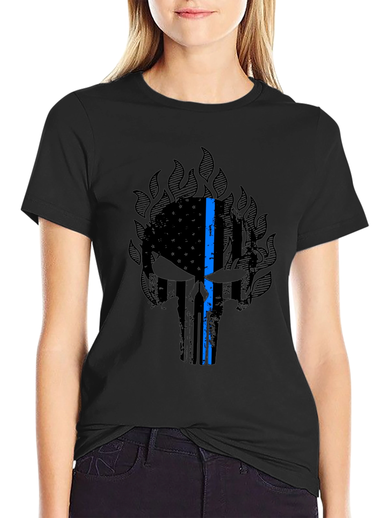 Punisher Skull Thin Blue Line Graphic T-Shirt