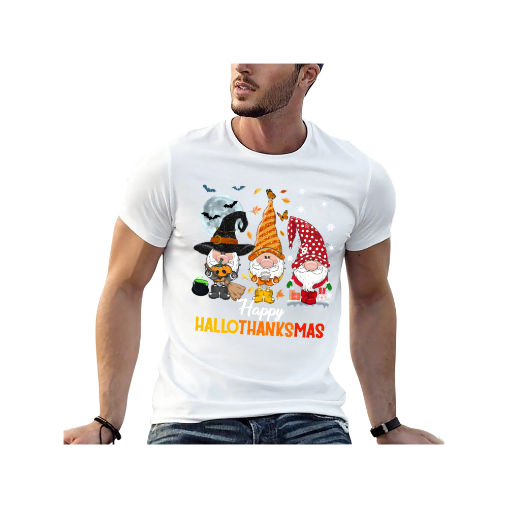 Happy HalloThanksMas Gnomes Graphic T-Shirt | 100% Cotton, Versatile for Multiple Occasions
