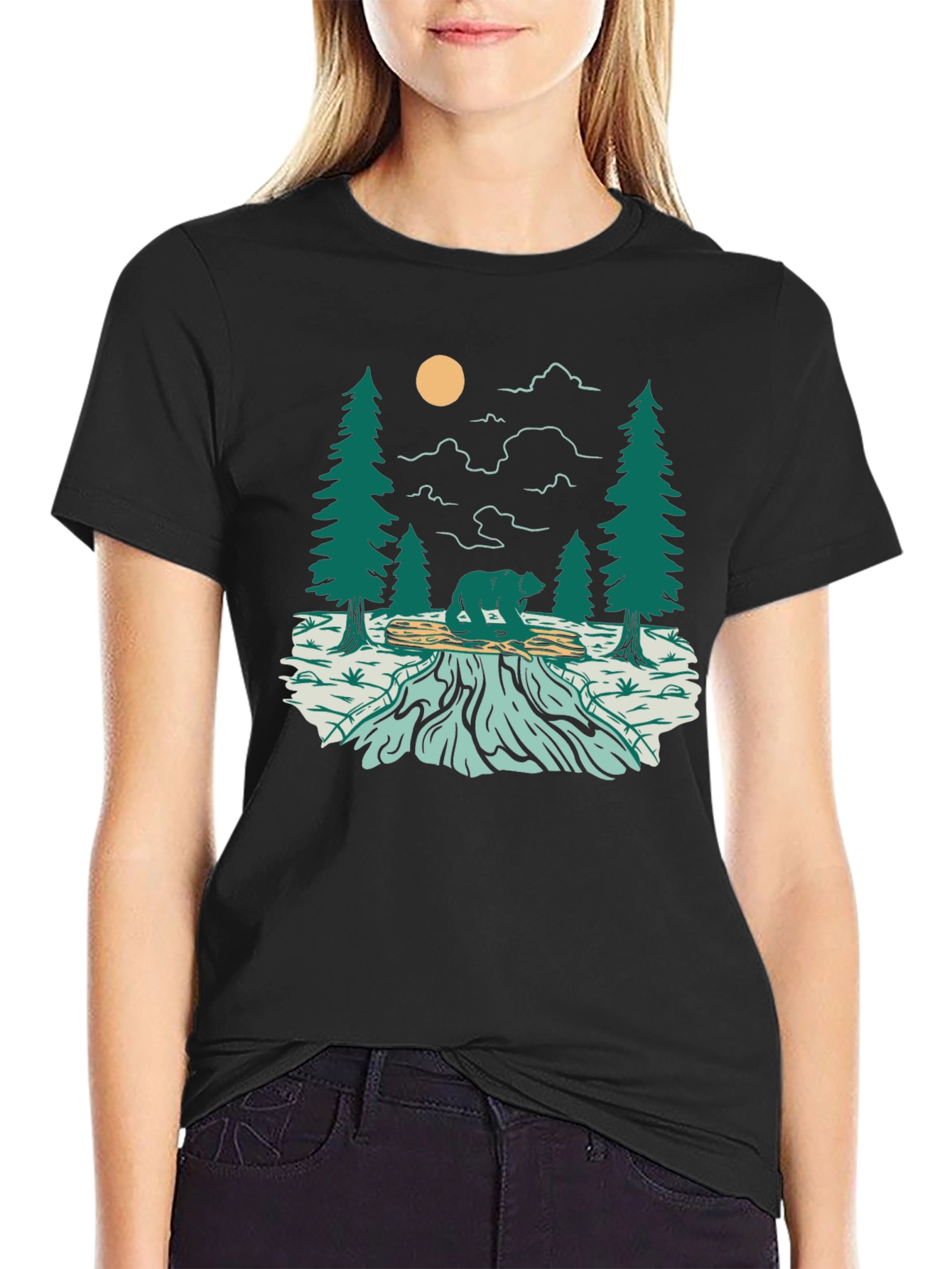 Nature Bear Graphic Tee - Black Cotton Blend