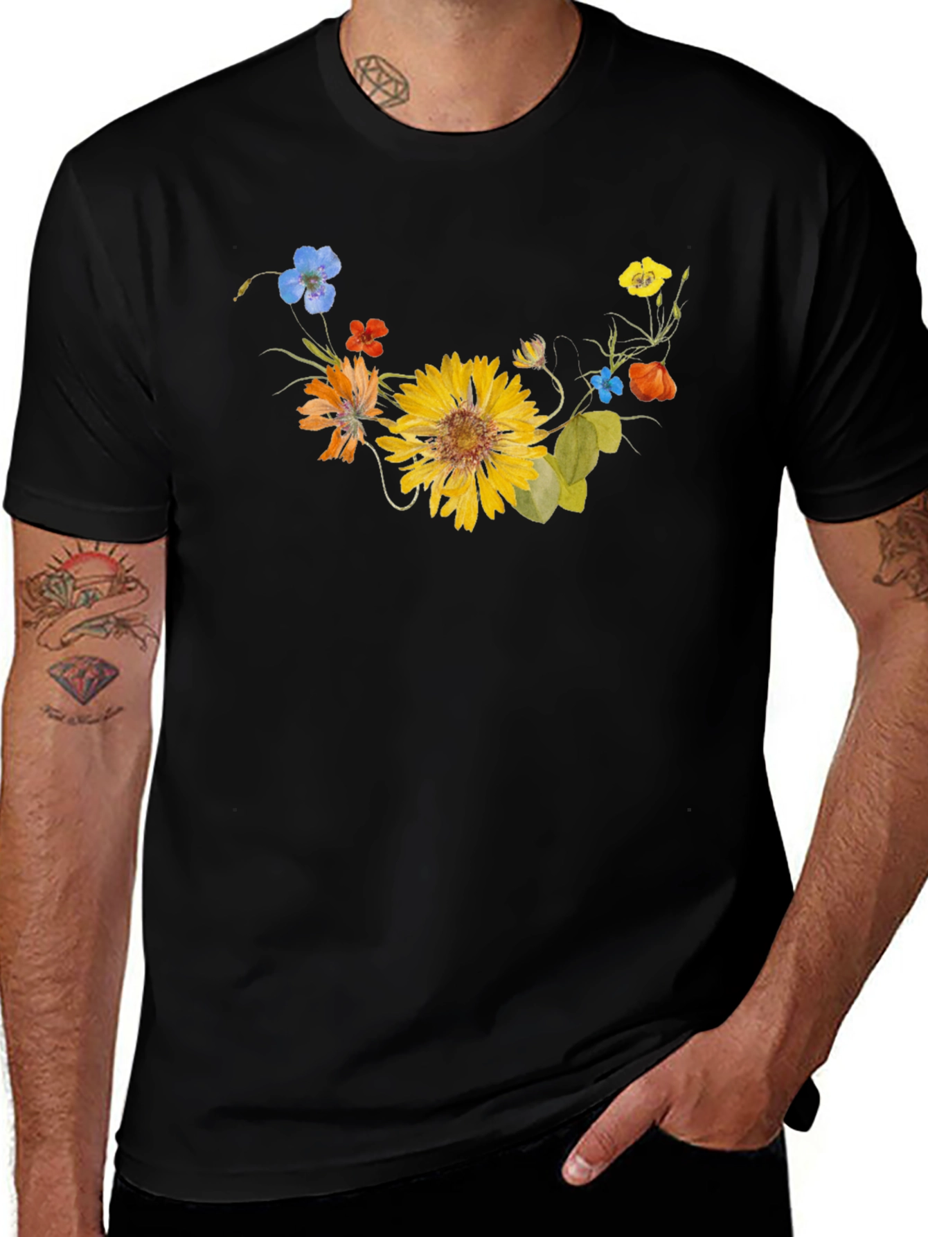 Floral Graphic Tee - Black Cotton T-Shirt