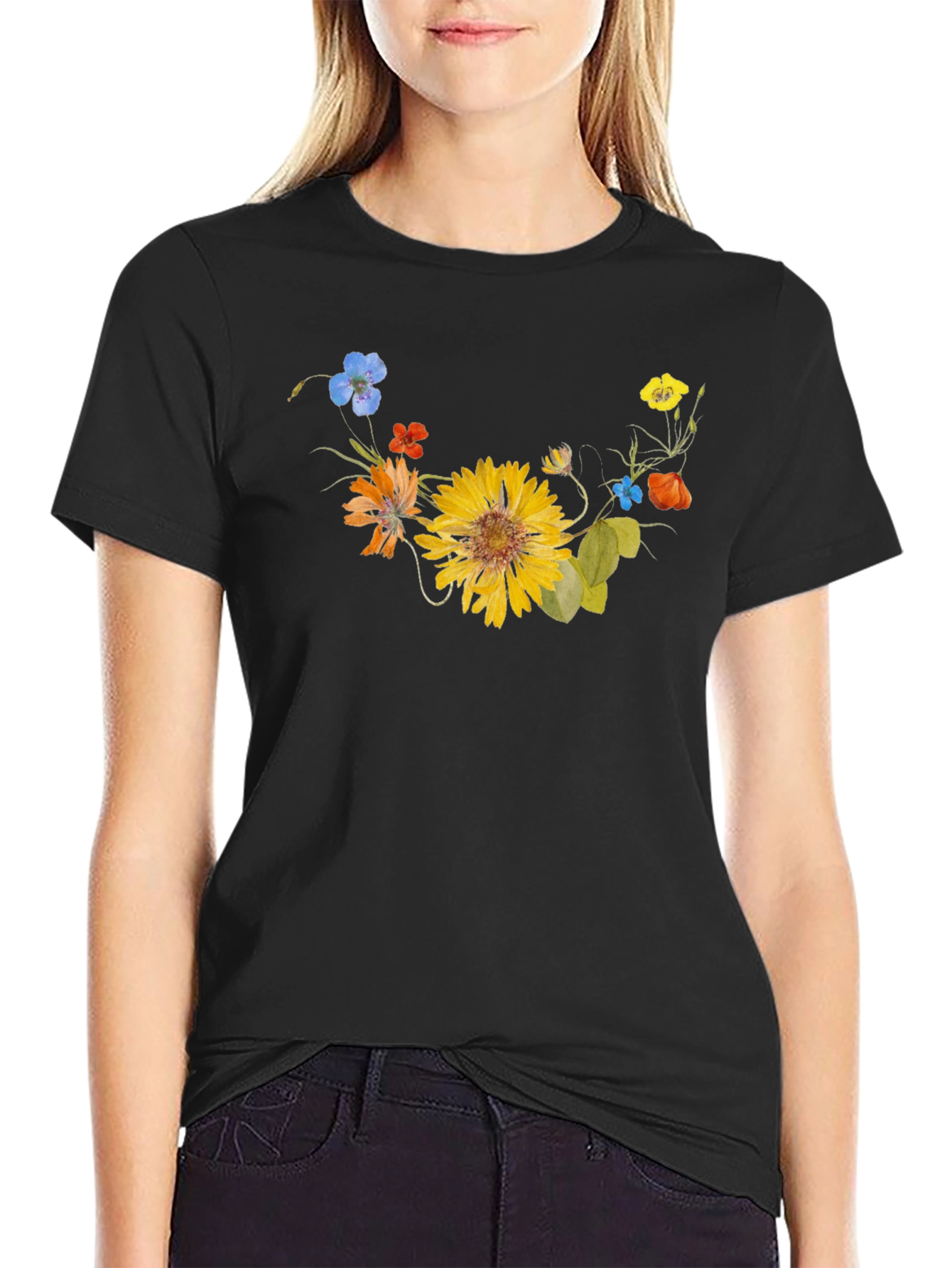 Floral Graphic Tee - Black Cotton T-Shirt