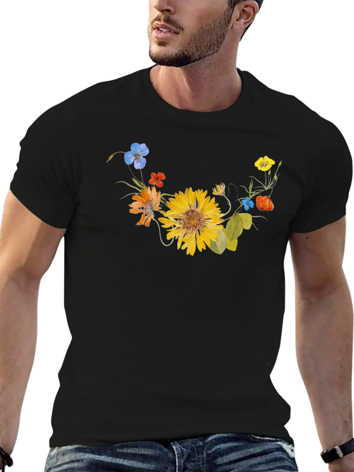 Floral Graphic Tee - Black Cotton T-Shirt
