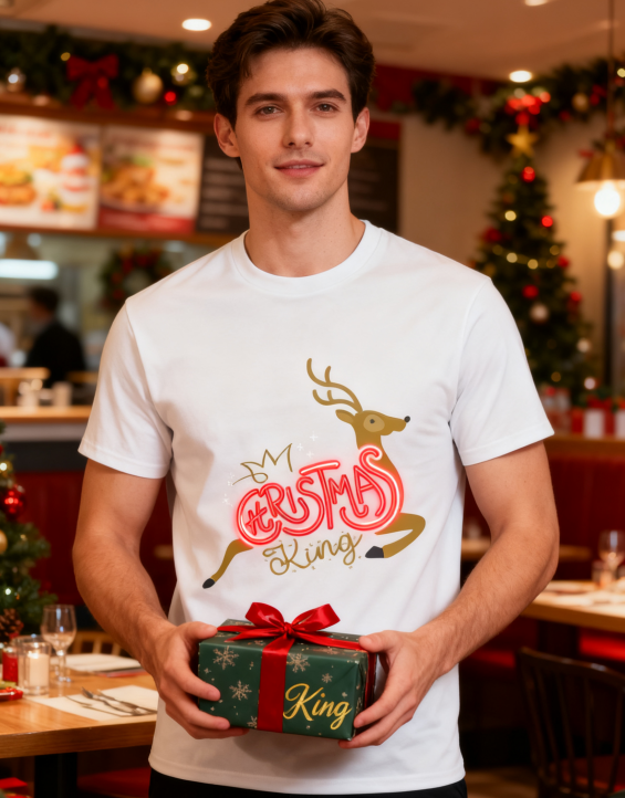 Christmas King Reindeer Neon Graphic T-Shirt - 100% Cotton, Festive Holiday Tee for Christmas Gatherings & Casual Wear