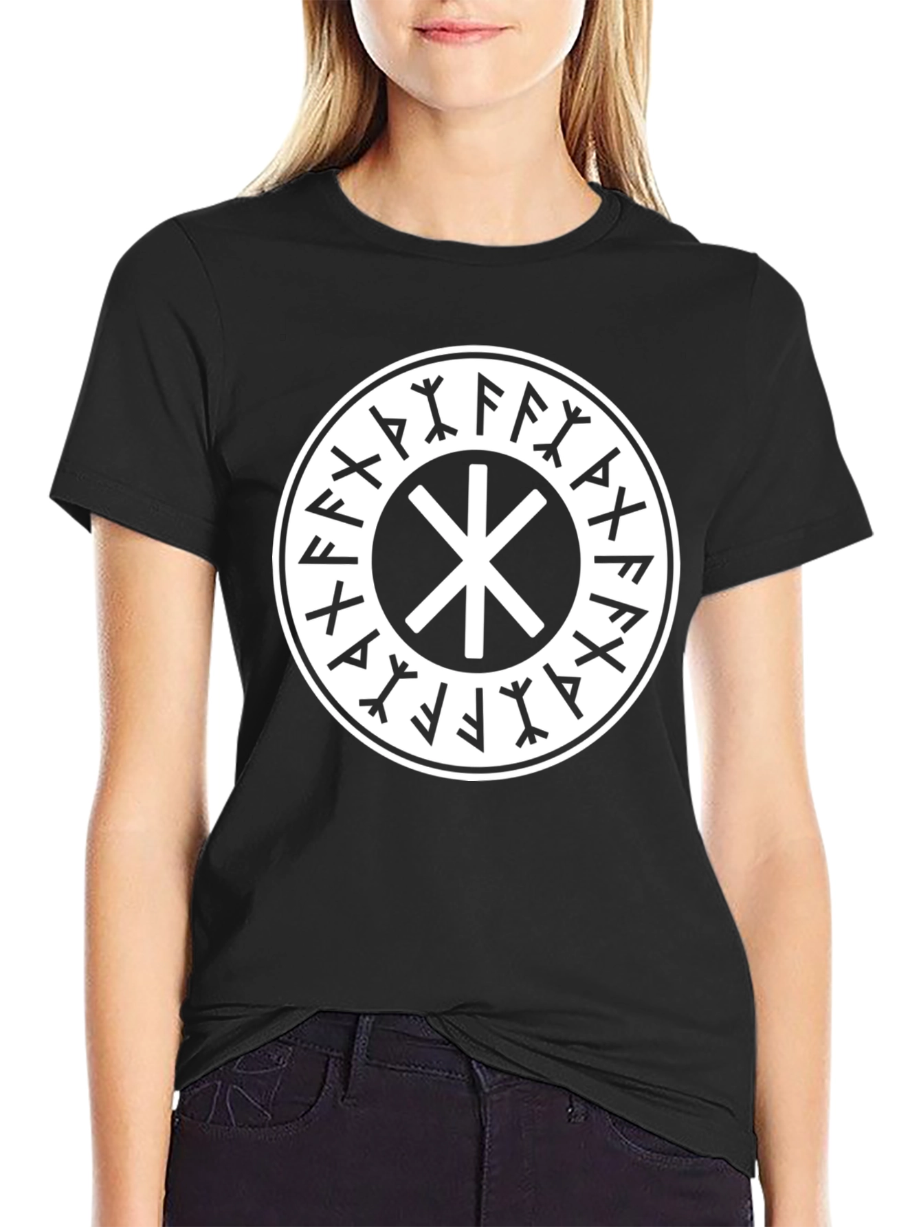 Black T-Shirt with Valknut Circle Design