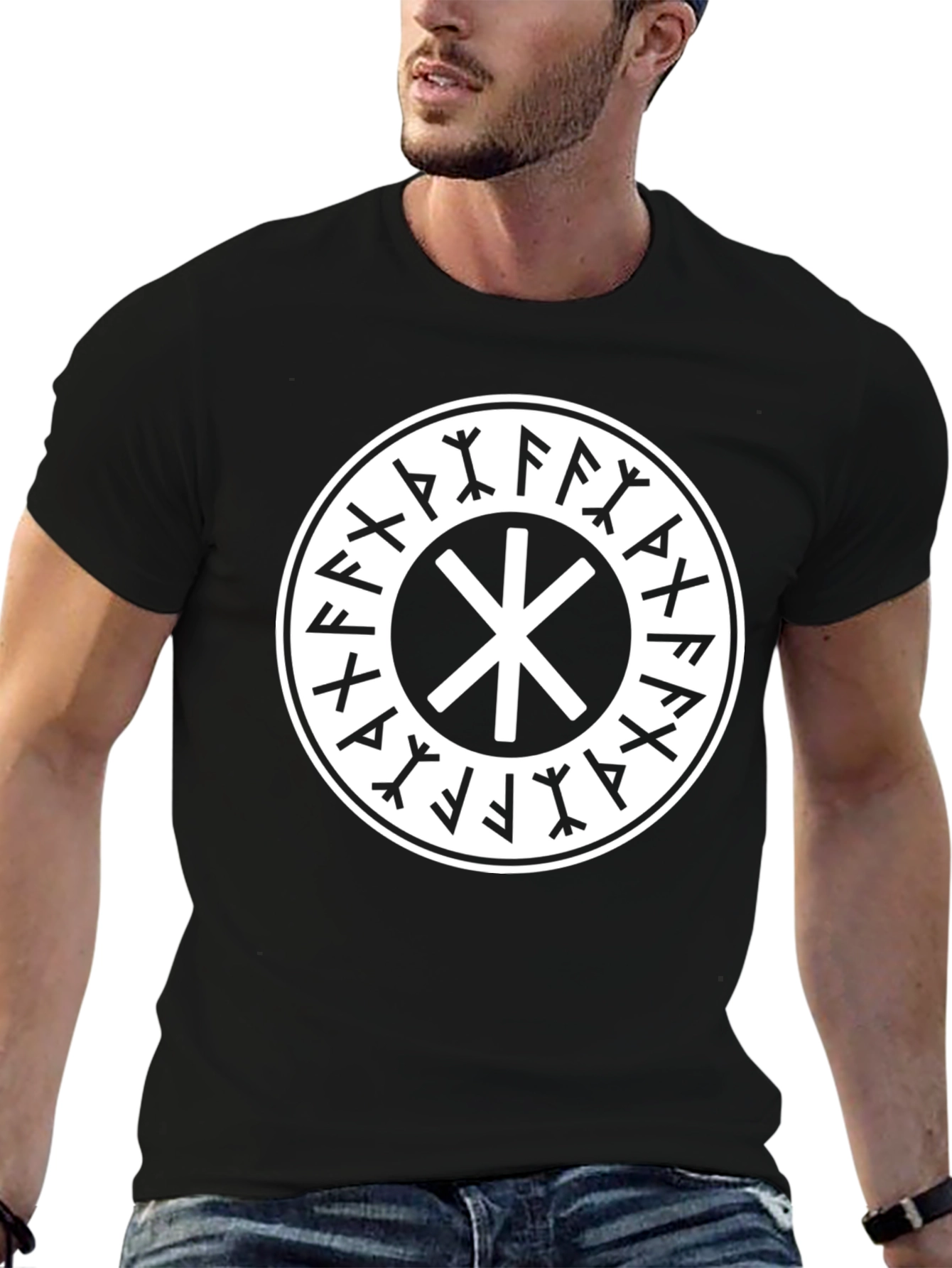Black T-Shirt with Valknut Circle Design