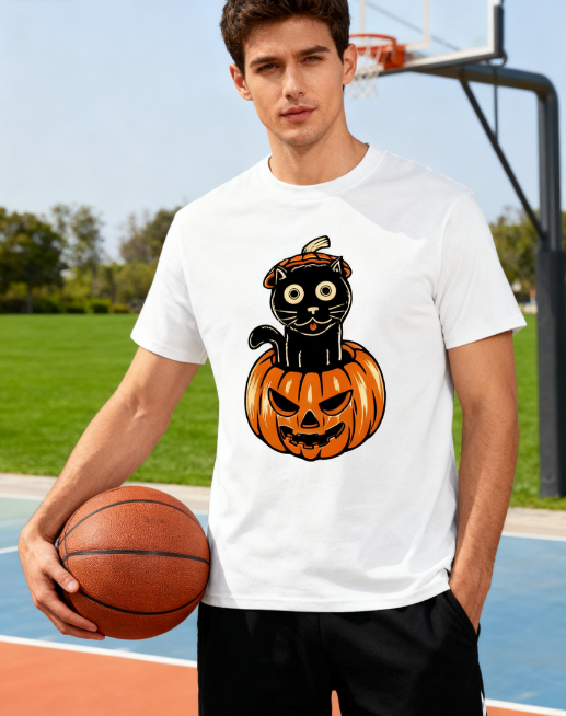 Halloween Black Cat Pumpkin 100% Cotton T-Shirt - Unisex Spooky Season Tee for All Occasions