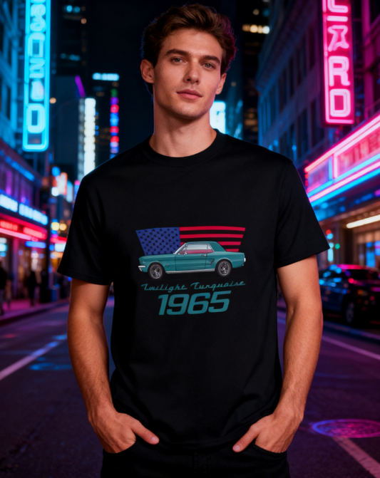 1965 Twilight Turquoise Retro Car & USA Flag T-Shirt - 100% Cotton, Classic Auto Enthusiast Tee for Car Shows & Daily Occasions