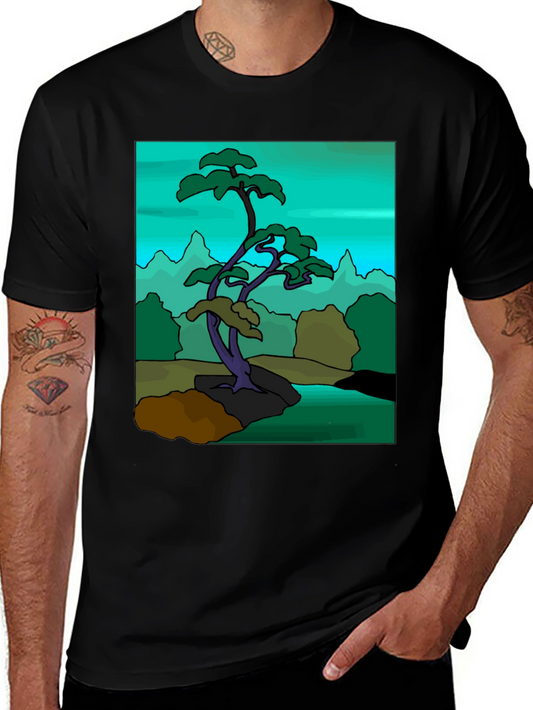Artistic Bonsai Tree Graphic T-Shirt - Black