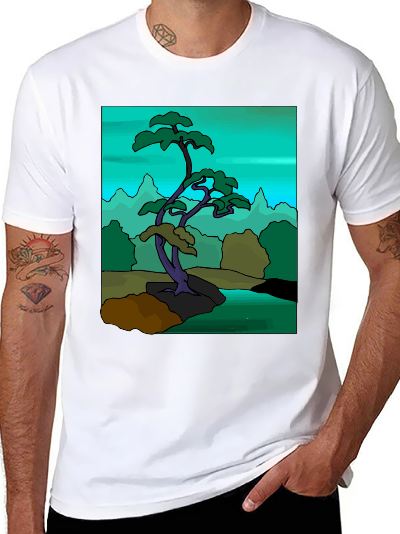Artistic Bonsai Tree Graphic T-Shirt - Black