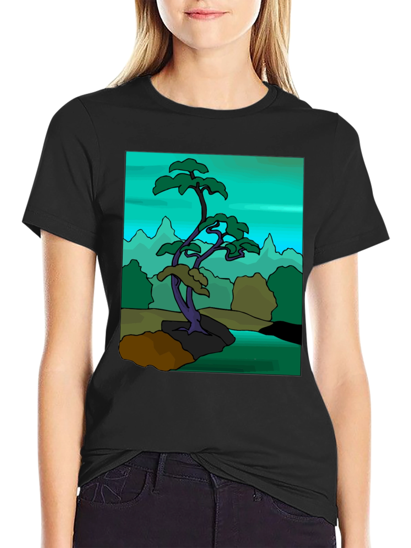 Artistic Bonsai Tree Graphic T-Shirt - Black