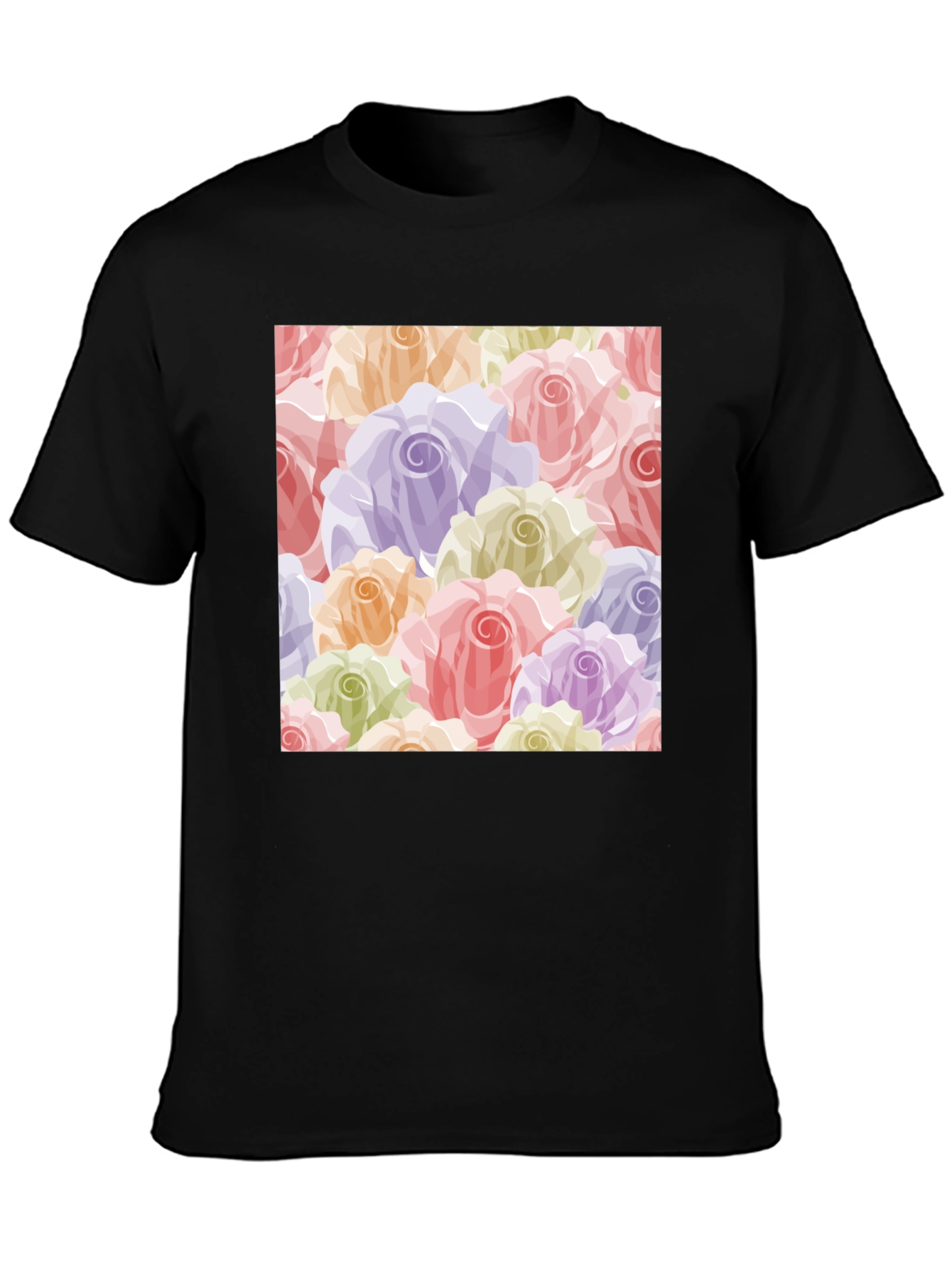 Floral Roses Pattern T-Shirt - Black