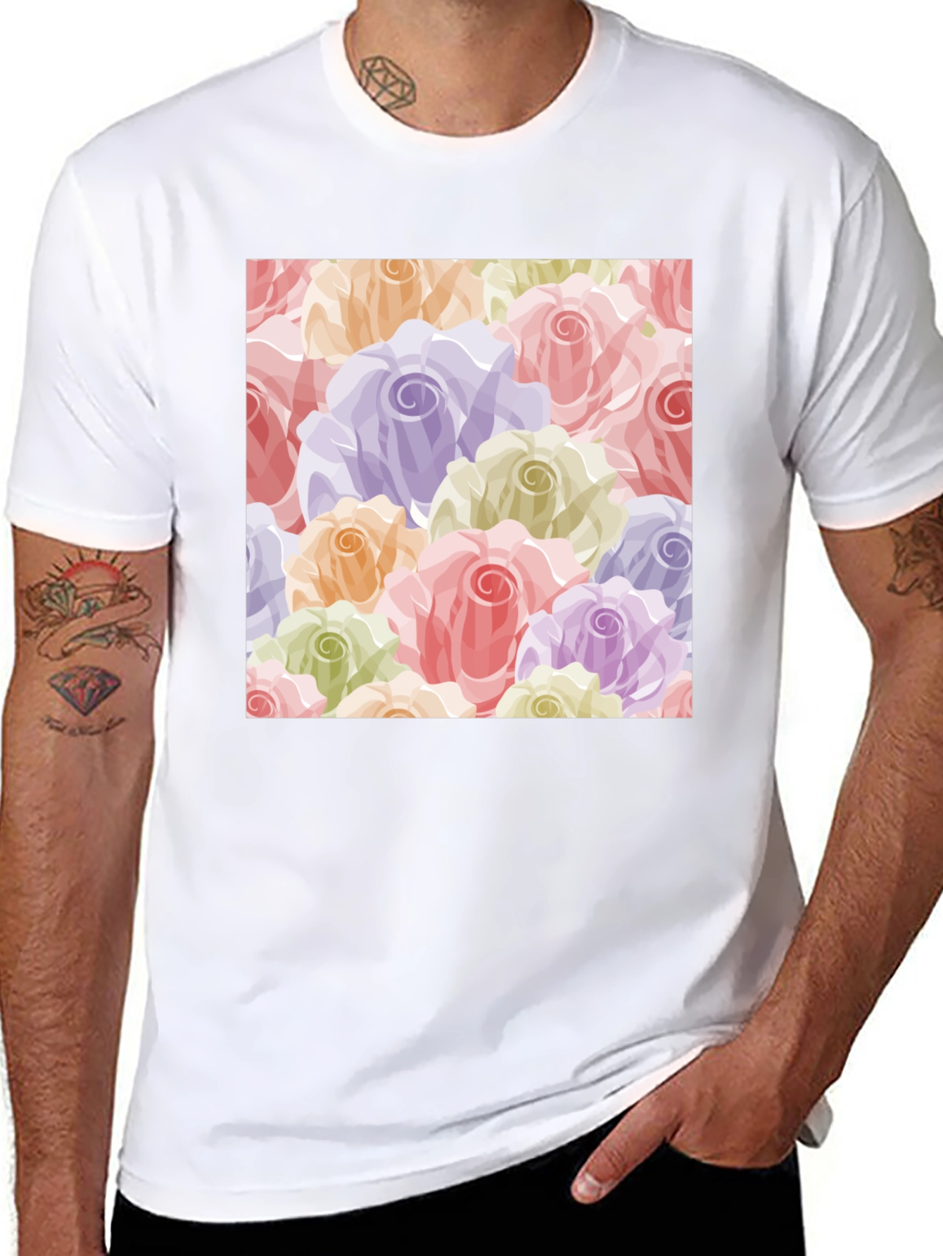 Floral Roses Pattern T-Shirt - Black