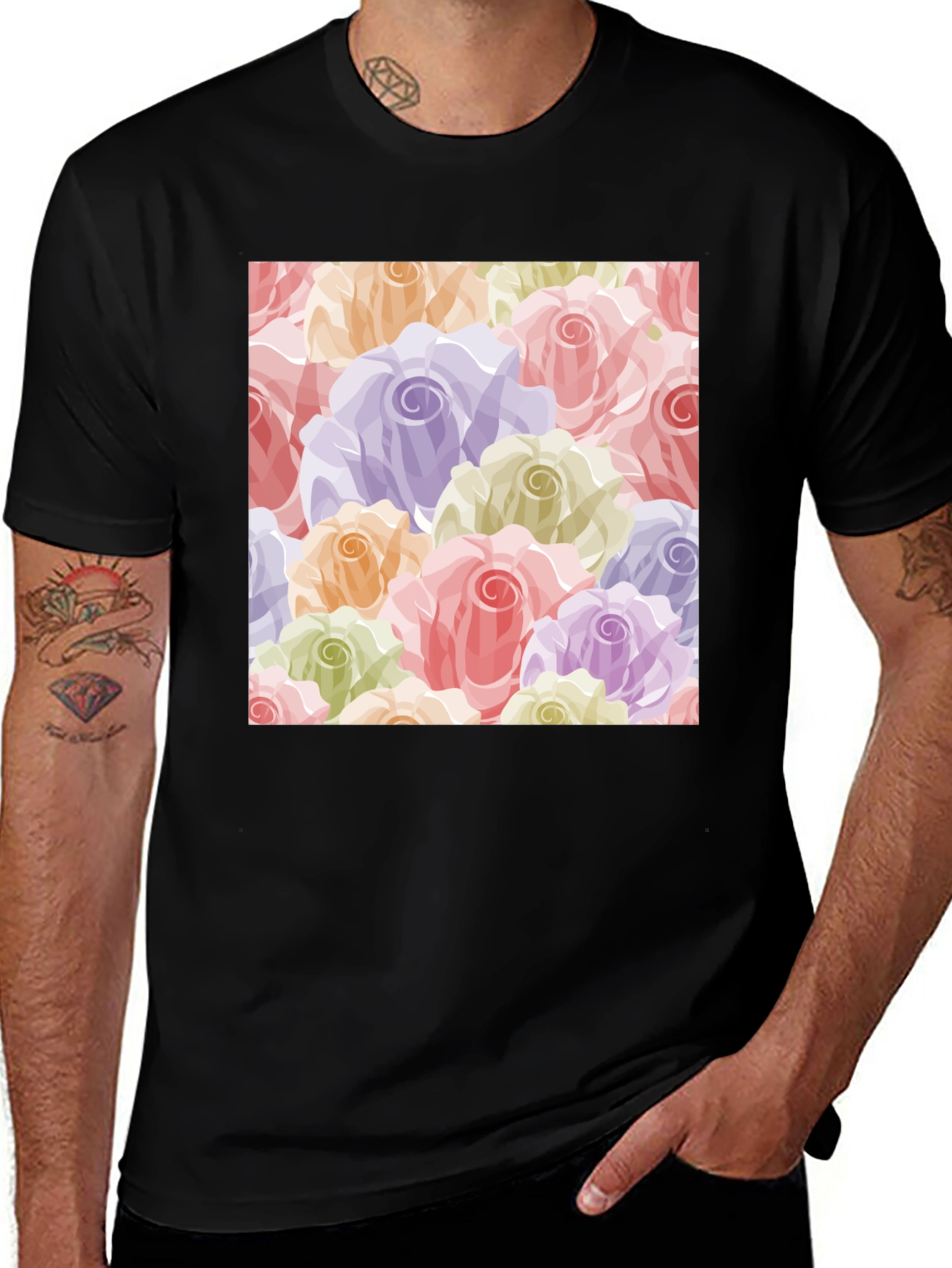 Floral Roses Pattern T-Shirt - Black