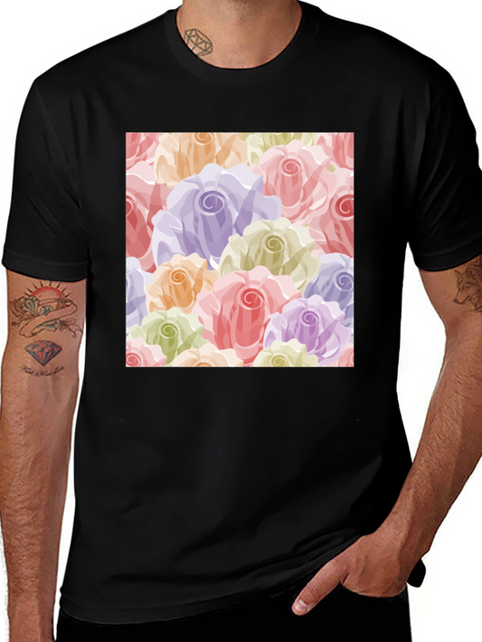 Floral Roses Pattern T-Shirt - Black
