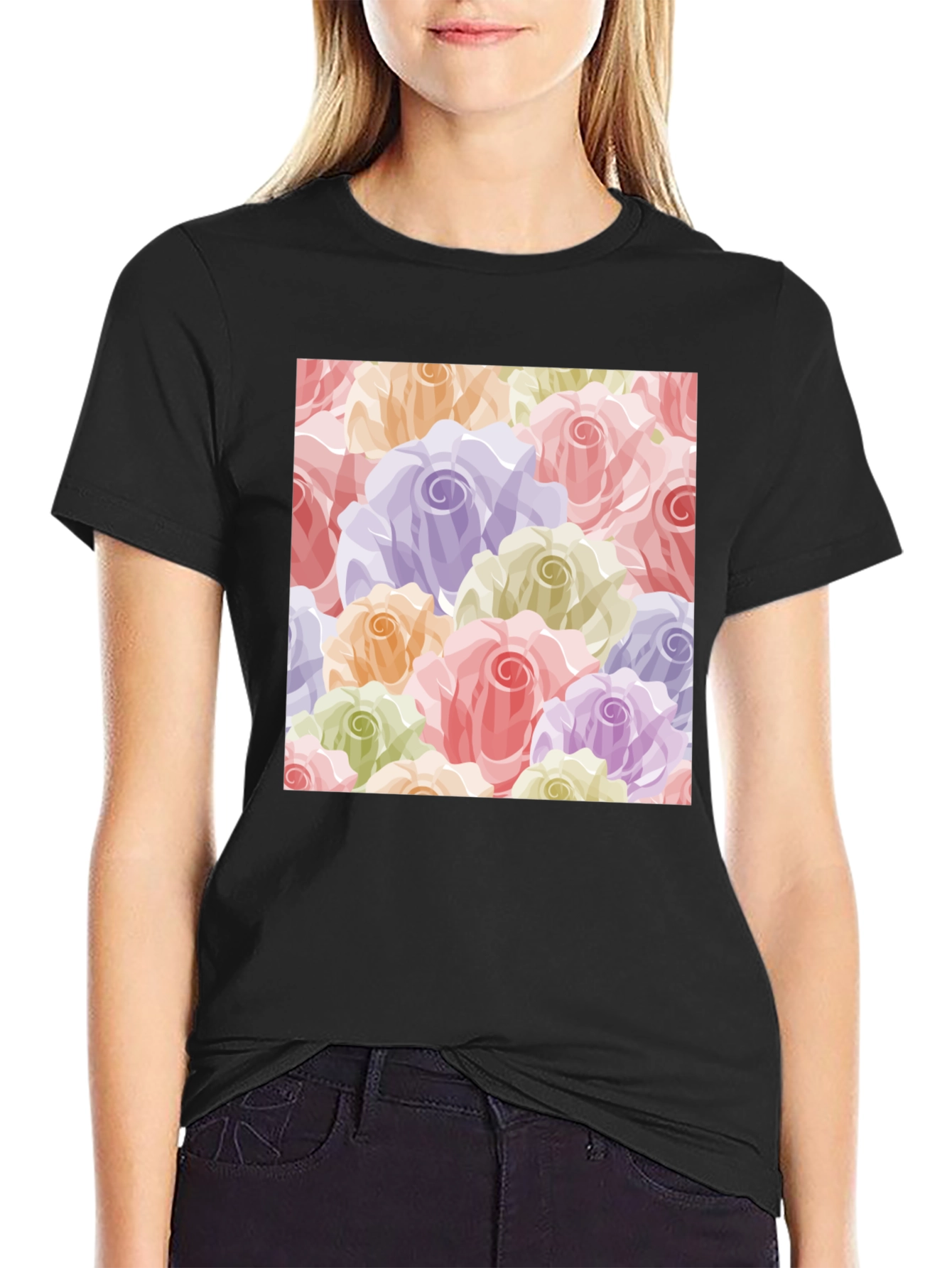 Floral Roses Pattern T-Shirt - Black