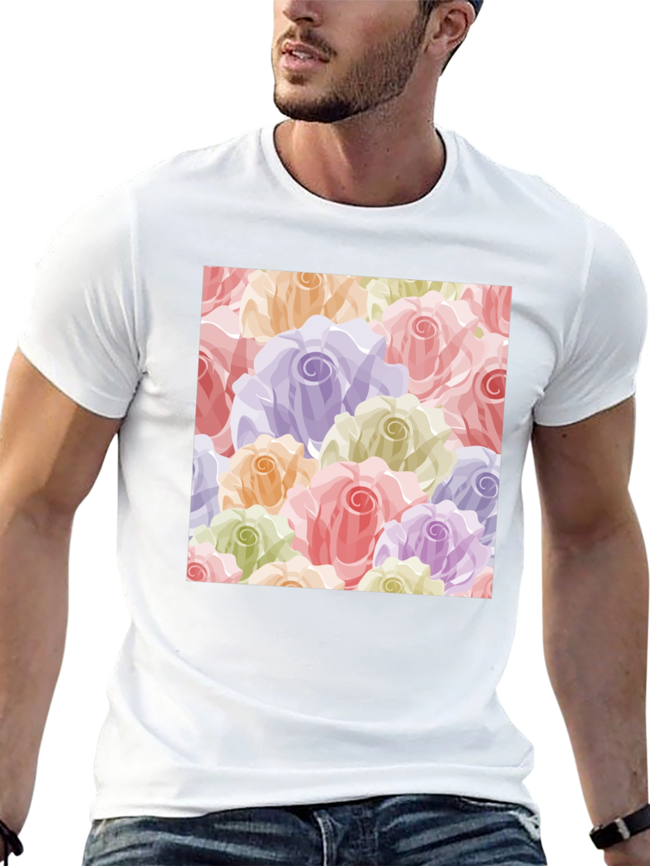Floral Roses Pattern T-Shirt - Black
