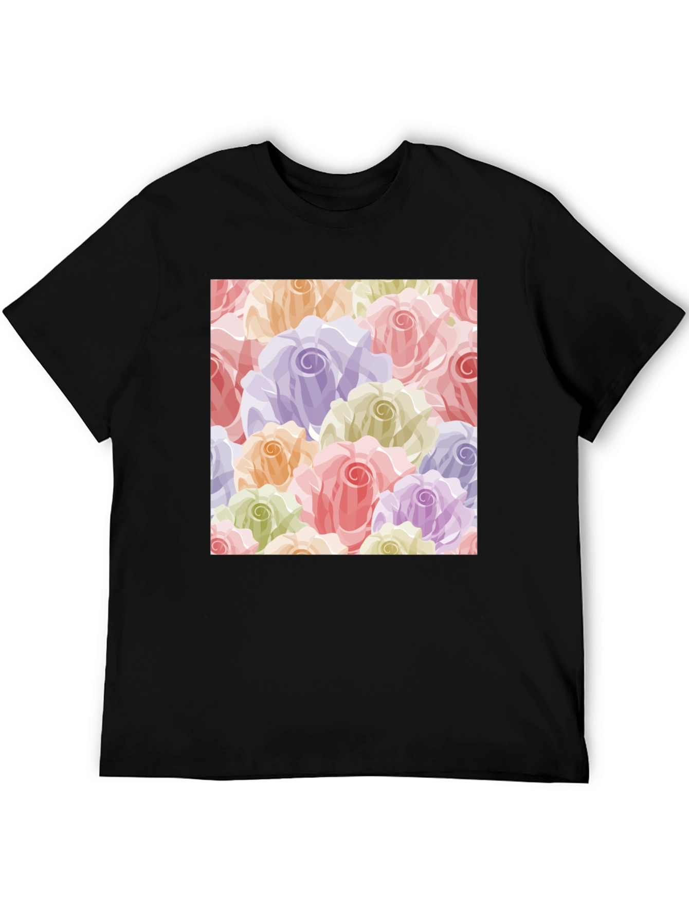 Floral Roses Pattern T-Shirt - Black