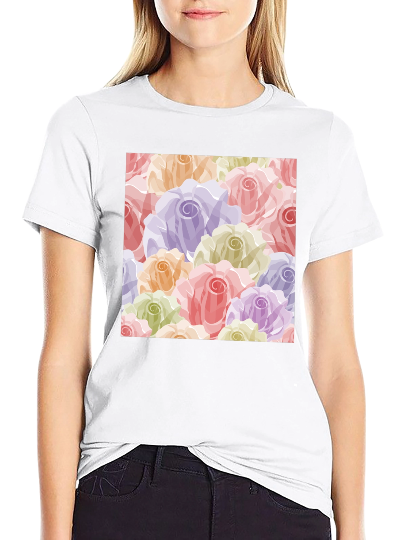 Floral Roses Pattern T-Shirt - Black