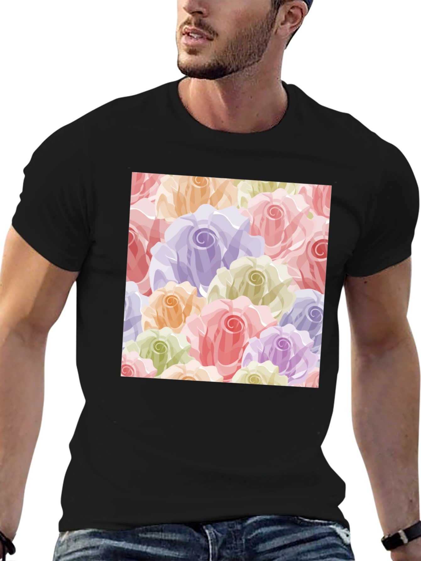 Floral Roses Pattern T-Shirt - Black